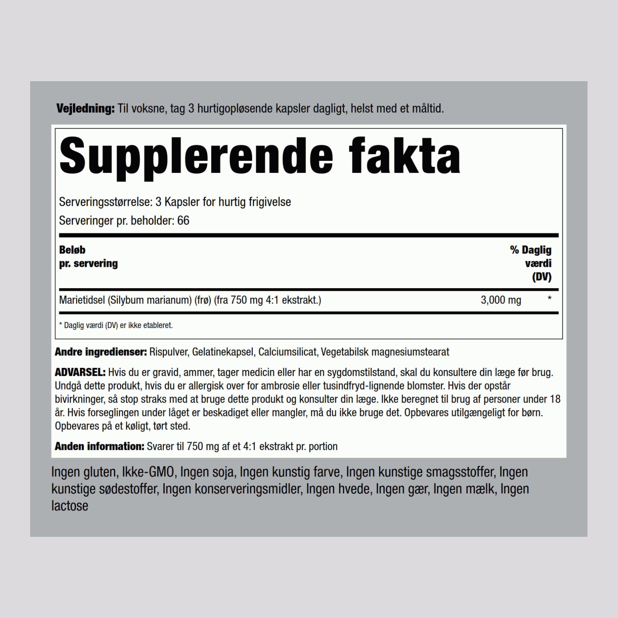 Marietidselfrø-ekstrakt  3000 mg (pr. dosering) 200 Kapsler for hurtig frigivelse     