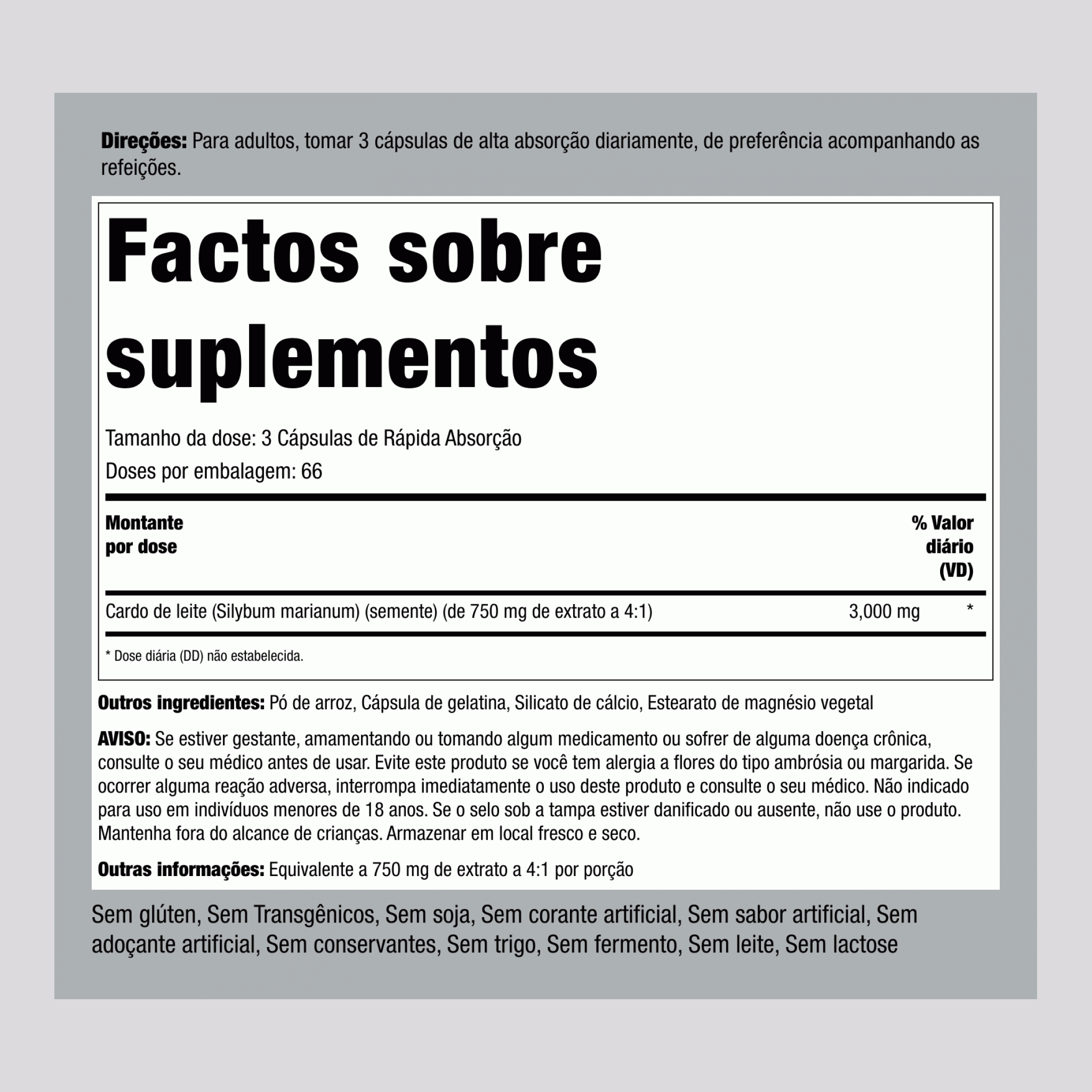 Extrato de sementes de cardo-mariano ,  3000 mg (por dose) 200 Cápsulas de Rápida Absorção 2 Frascos