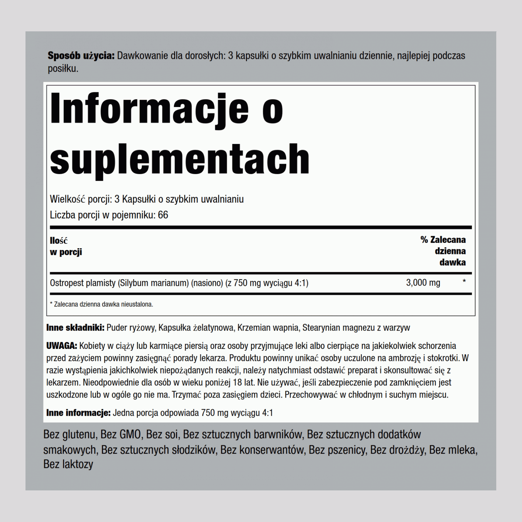 Extrait de graine de chardon de lait,  3000 mg (par portion) 200 Gélules à libération rapide 2 Bouteilles