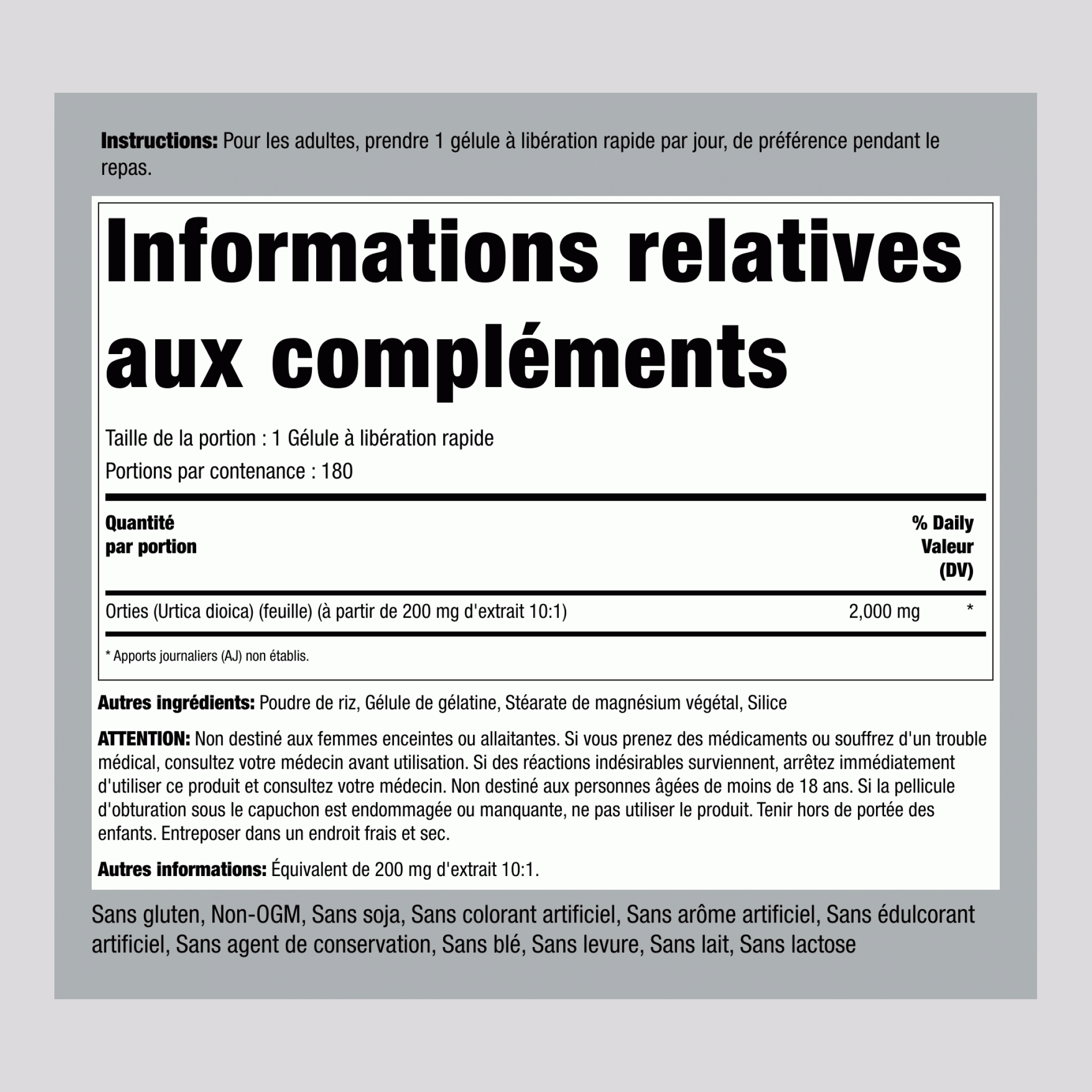 Orties Piquantes 2000 mg 180 Gélules à libération rapide     