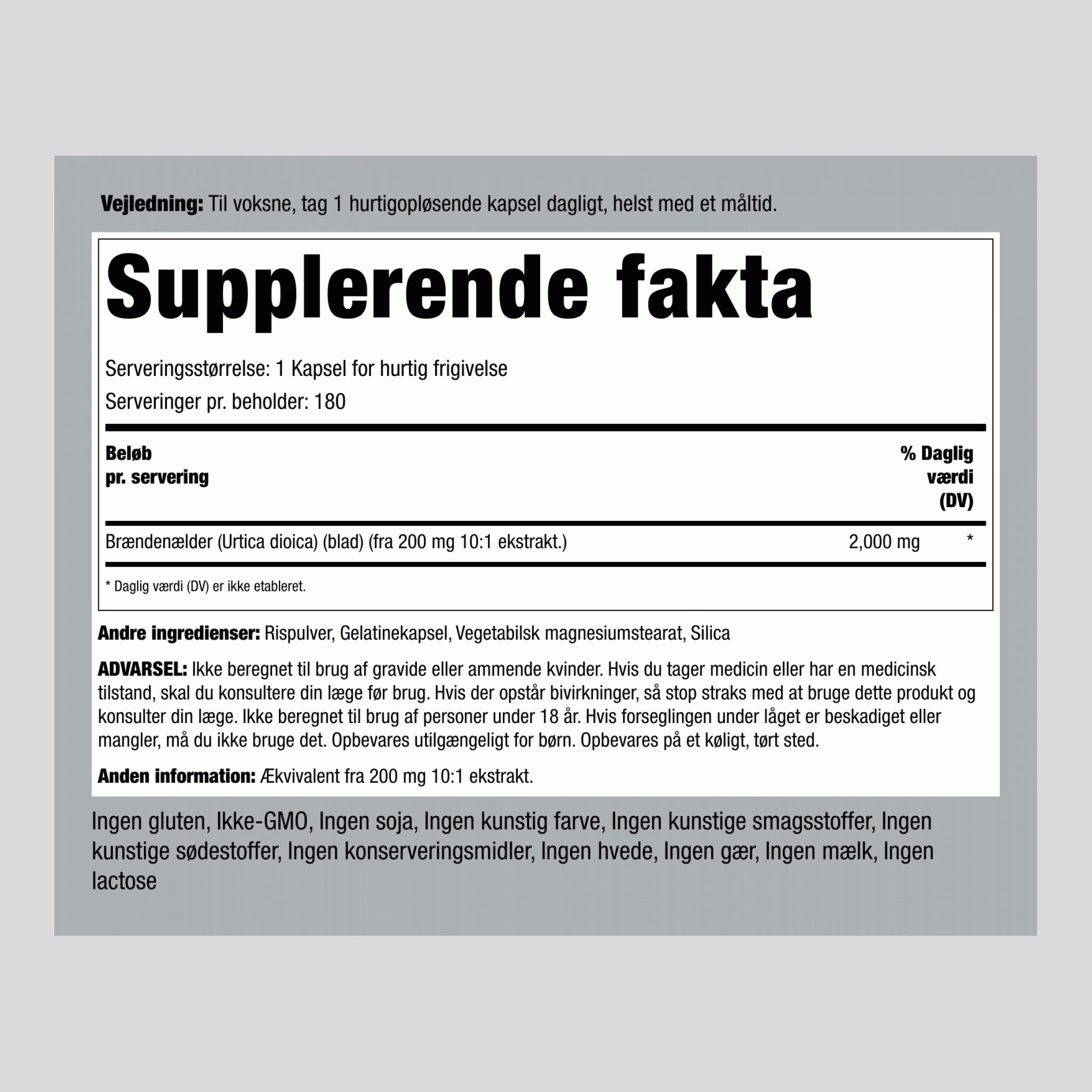 Brændenælder ,  2000 mg 180 Kapsler for hurtig frigivelse 2 Flasker
