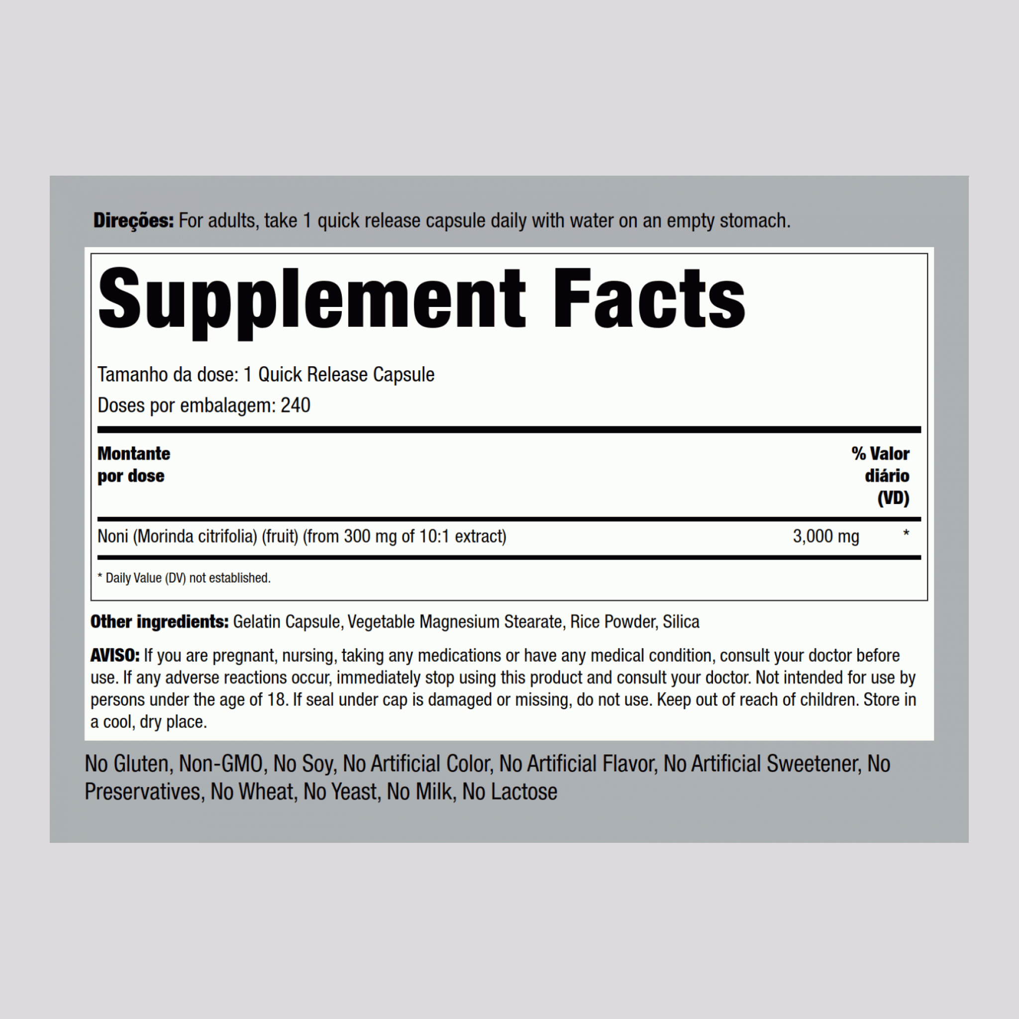 Noni (taitiano)  3000 mg 240 Cápsulas de Rápida Absorção     