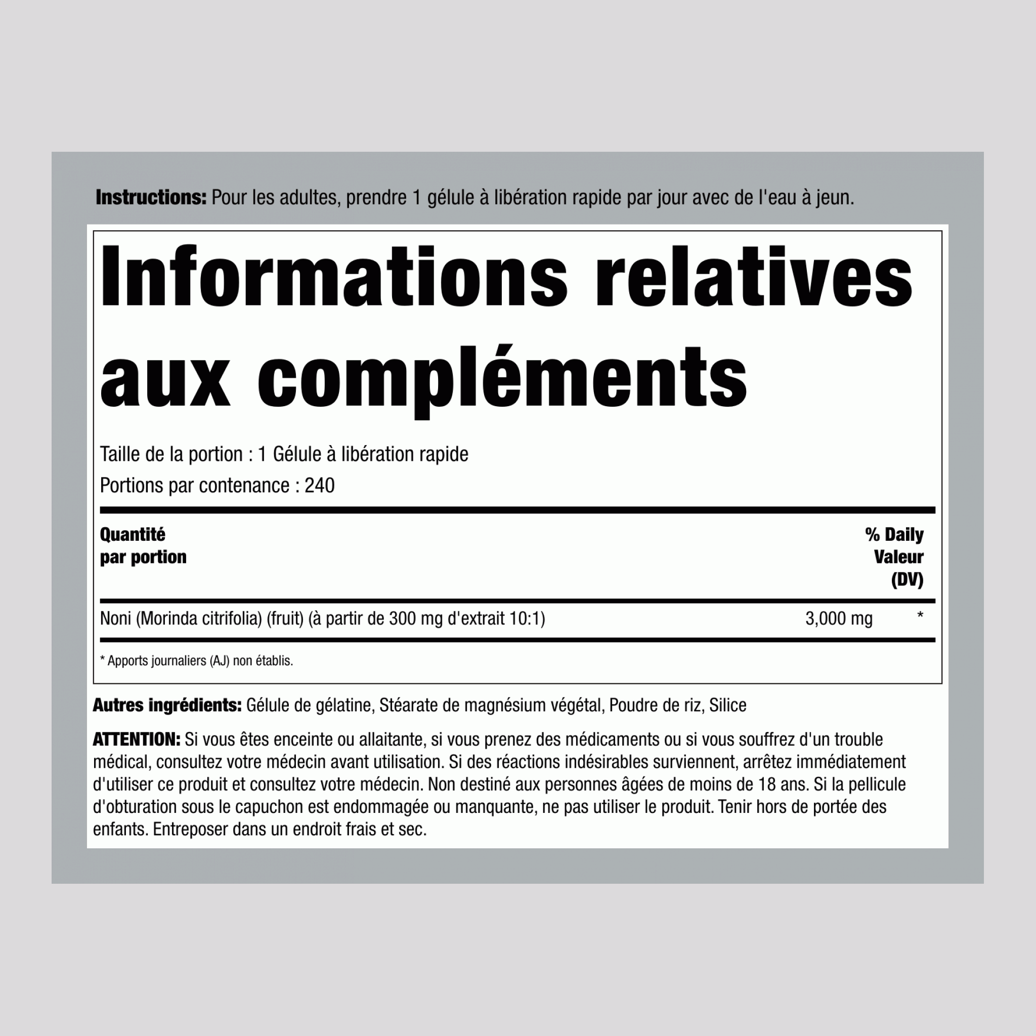 Noni (Tahitien) 3000 mg 240 Gélules à libération rapide 2 Bouteilles   