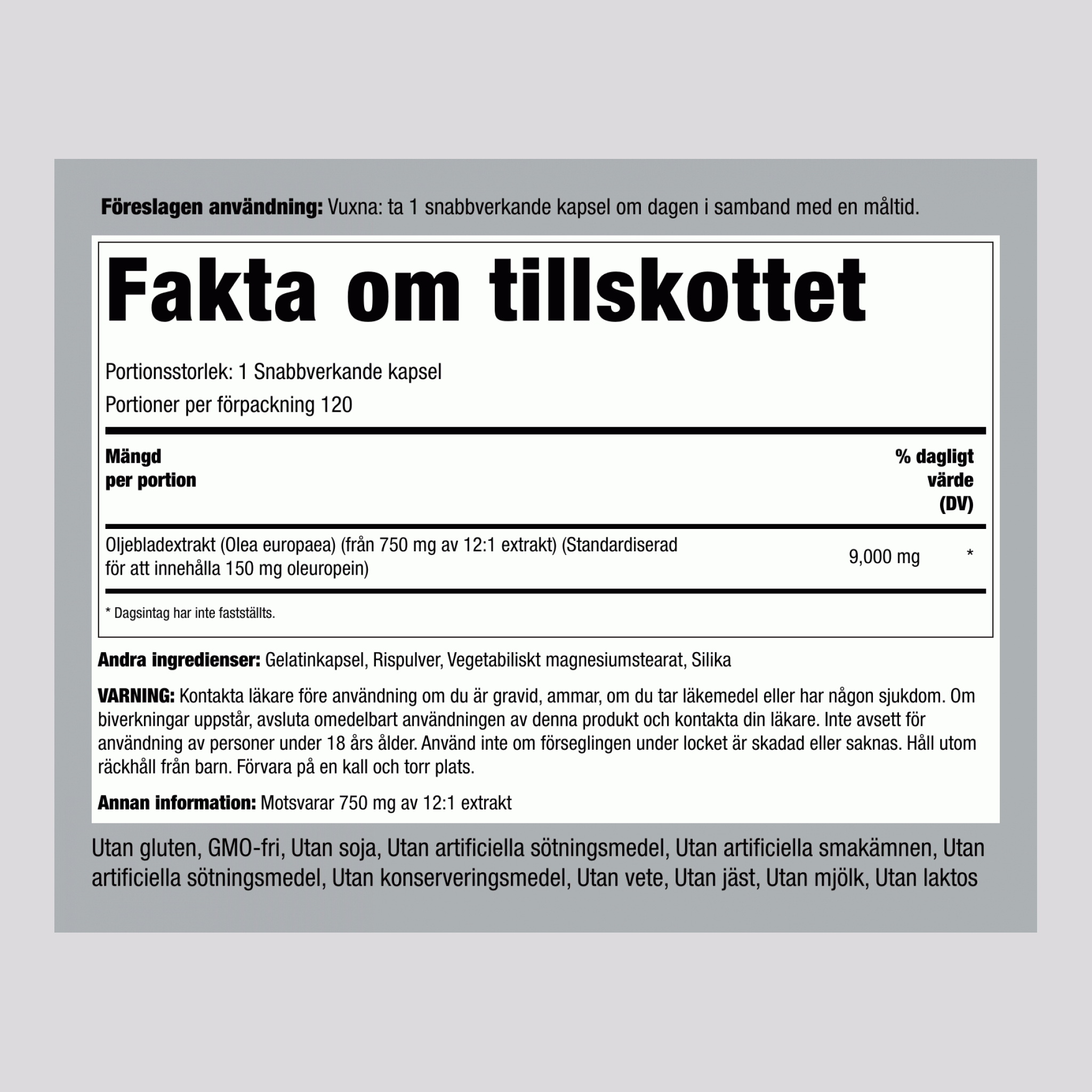 Olivbladsextrakt  9000 mg 120 Snabbverkande kapslar     