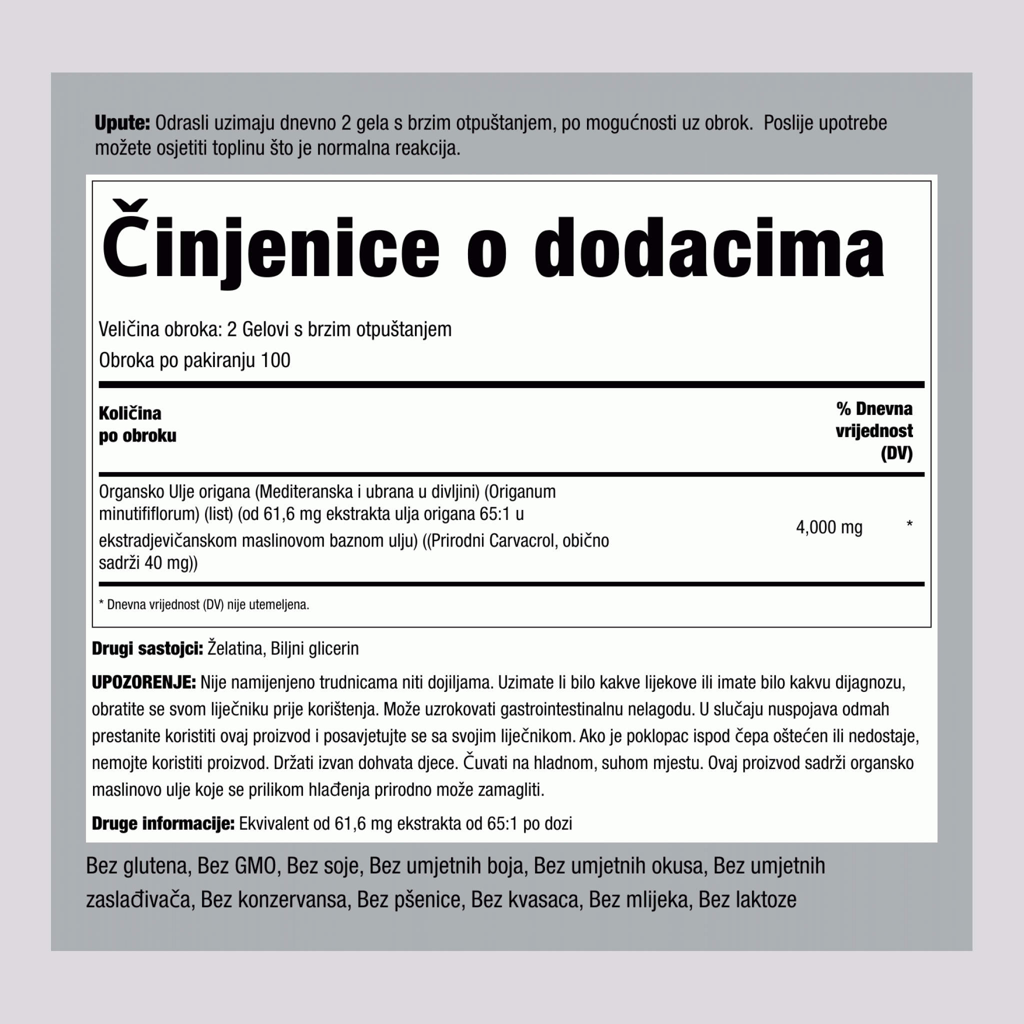 Ulje origana, 4000 mg (po porciji), 200 mekih kapsula s brzim otpuštanjem