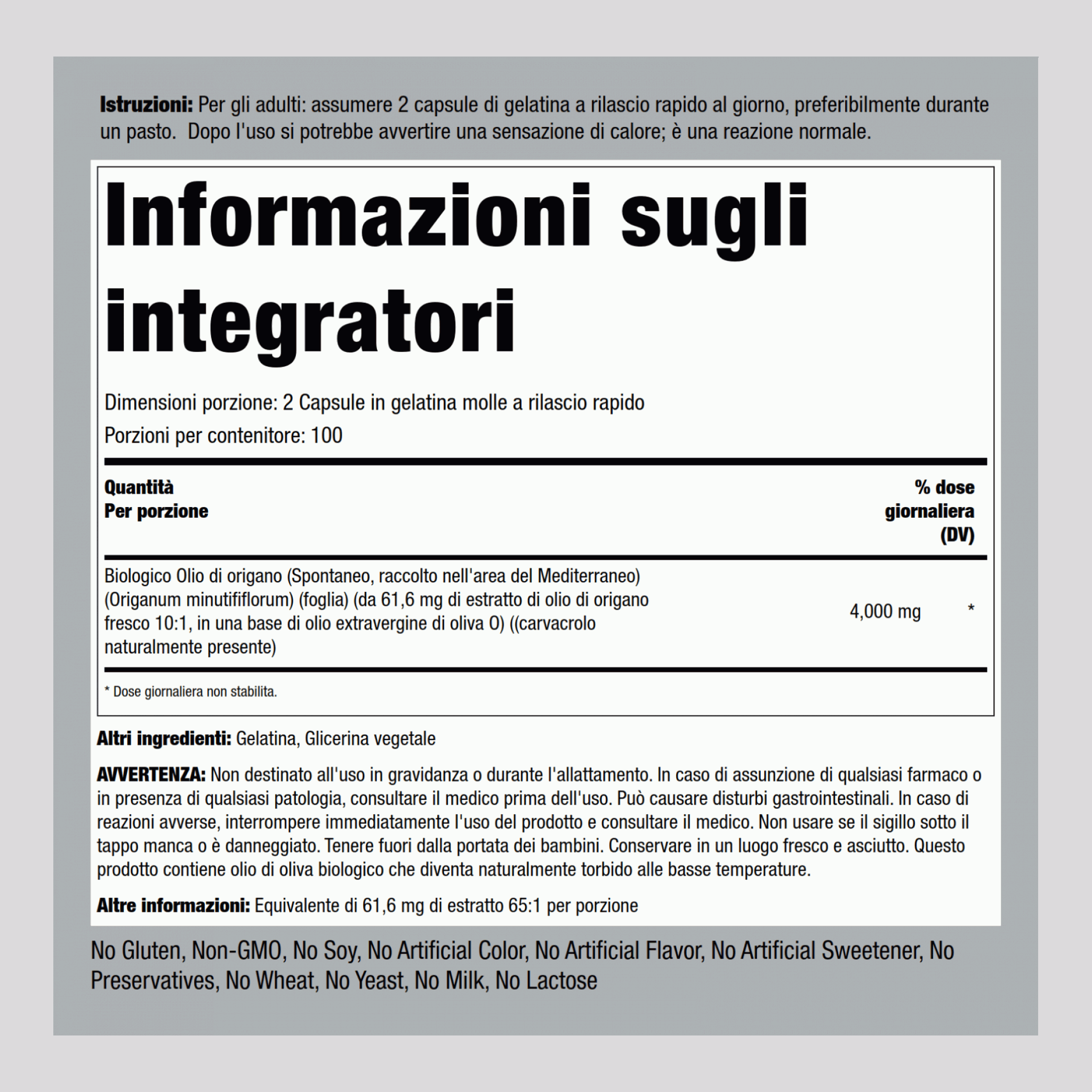 Olio di origano  4000 mg (per dose) 150 Capsule in gelatina molle a rilascio rapido     