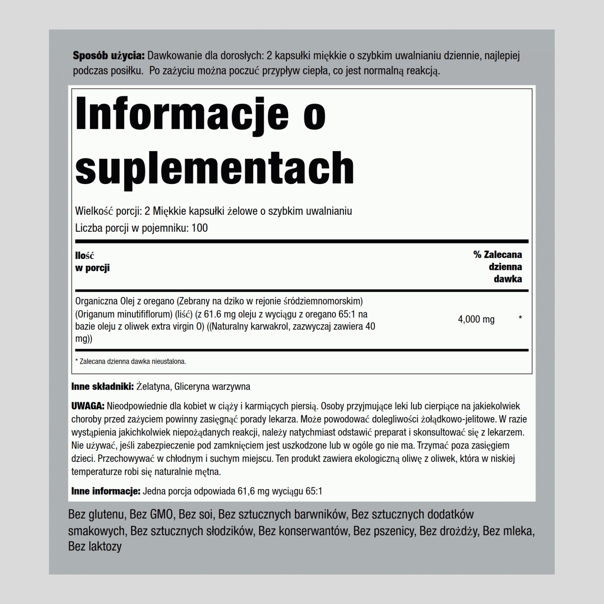 Olej z oregano  4000 mg (na porcję) 150 Miękkie kapsułki żelowe o szybkim uwalnianiu     