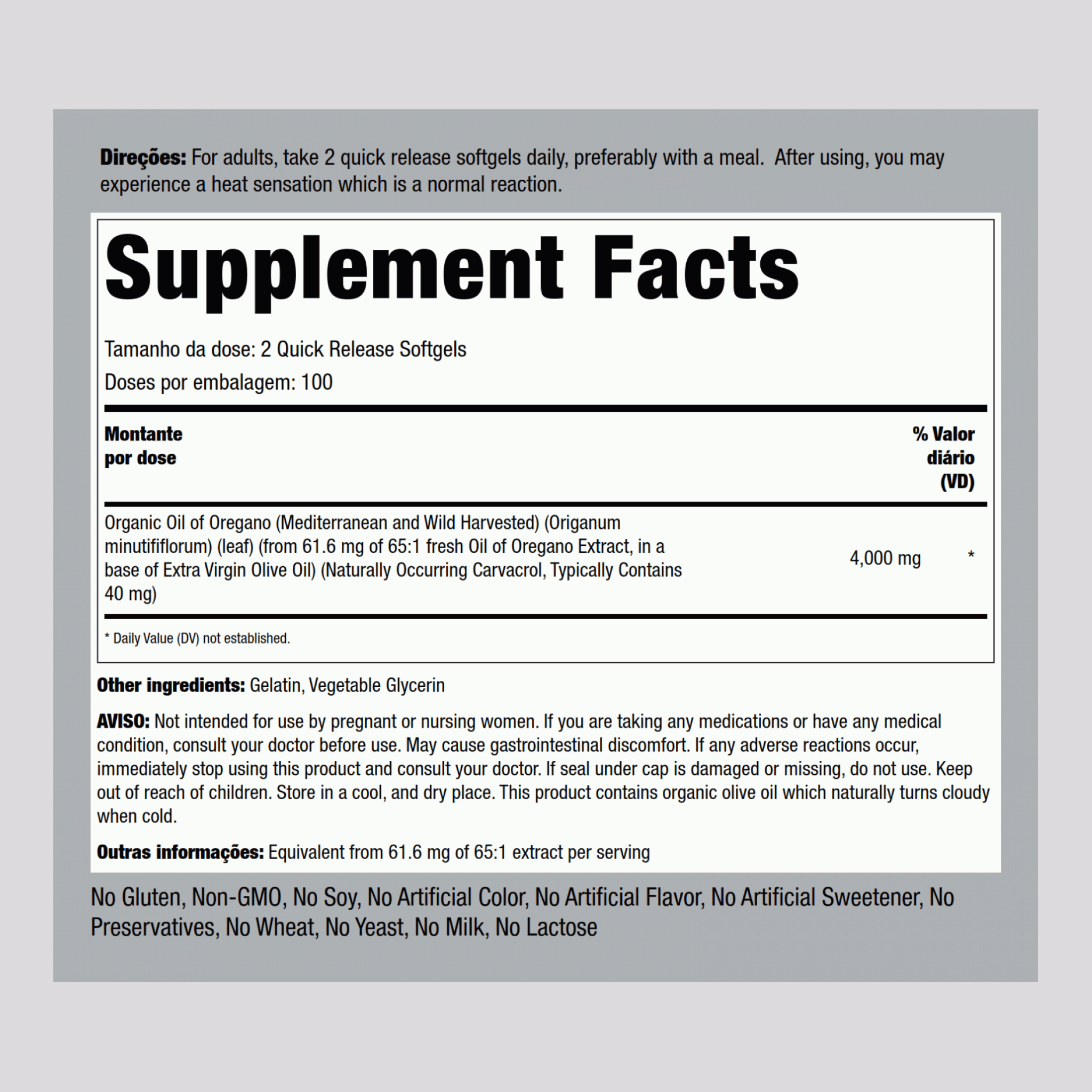 Óleo de orégãos  4000 mg (por dose) 150 Gels de Rápida Absorção     