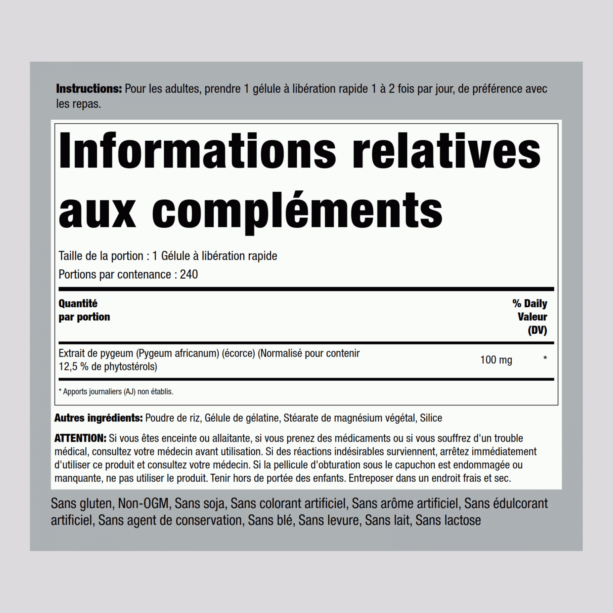 Prunier d'Afrique normalisé (Double Puissance 25 %) 100 mg 240 Gélules à libération rapide     