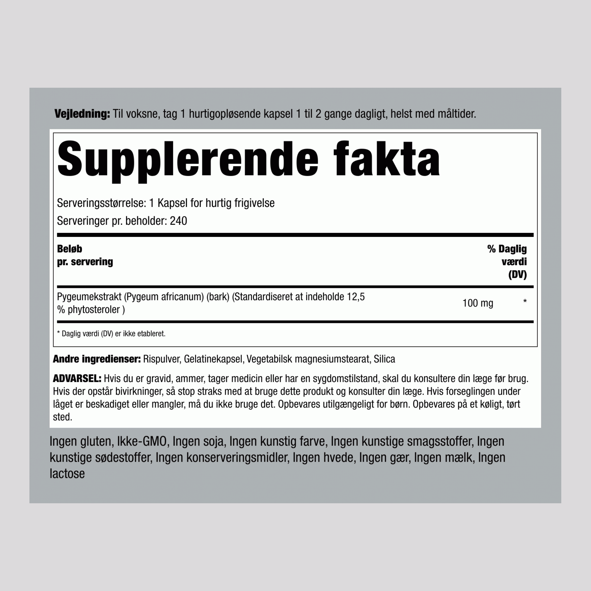 Pygeum Standardiseret (dobbeltvirkende 25 %) 100 mg 240 Kapsler for hurtig frigivelse 2 Flasker   