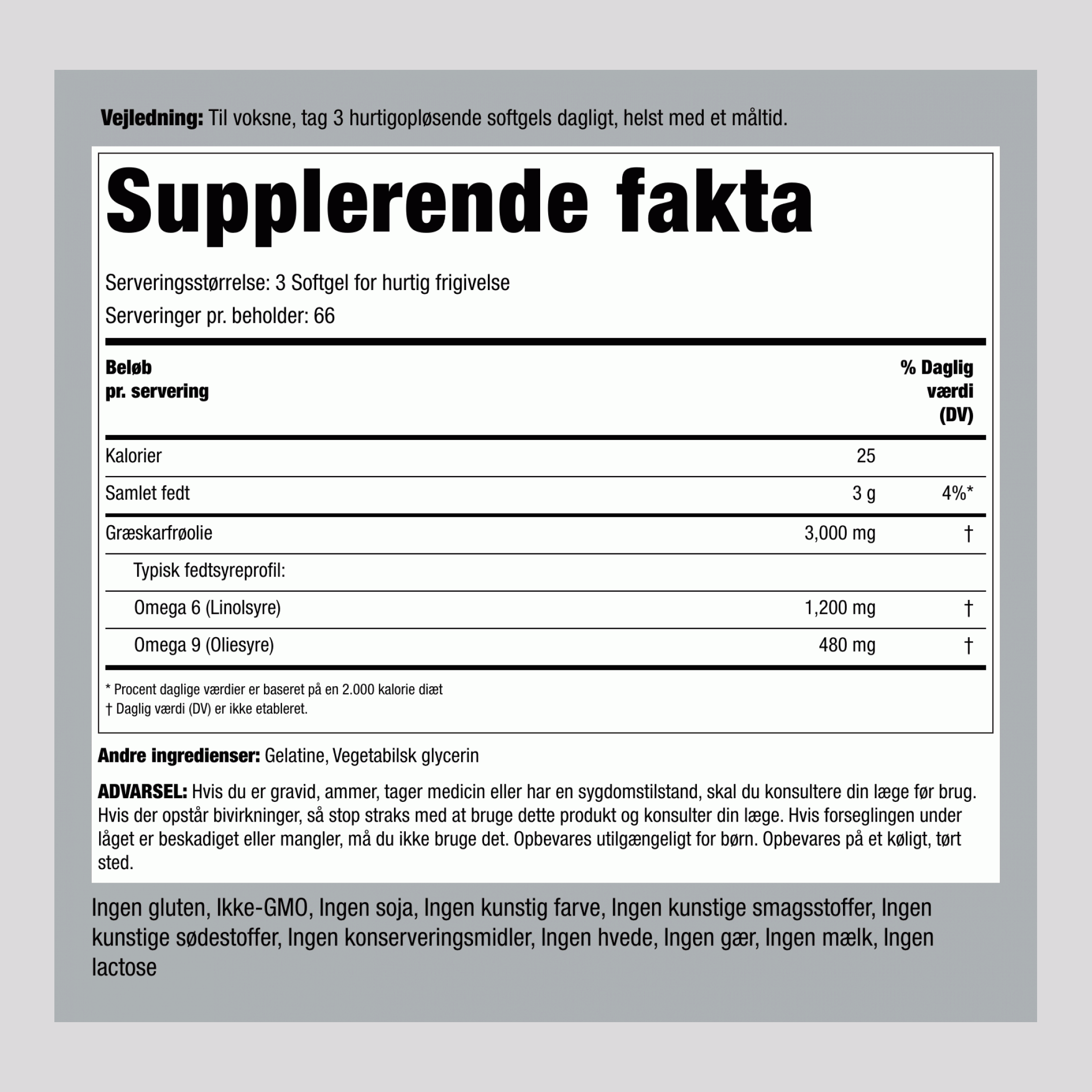 Græskarkerneolie  3000 mg (pr. dosering) 200 Softgel for hurtig frigivelse     