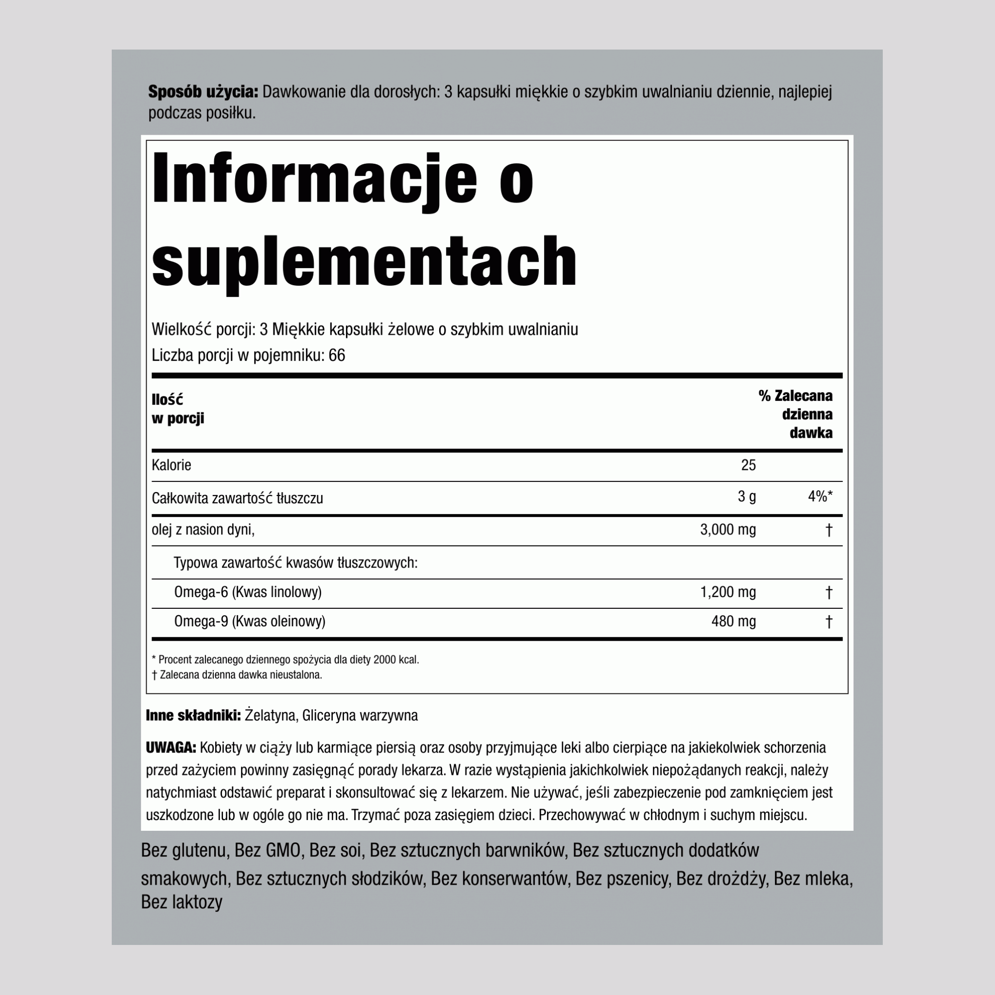 Olej z nasion dyni  3000 mg (na porcję) 200 Miękkie kapsułki żelowe o szybkim uwalnianiu     