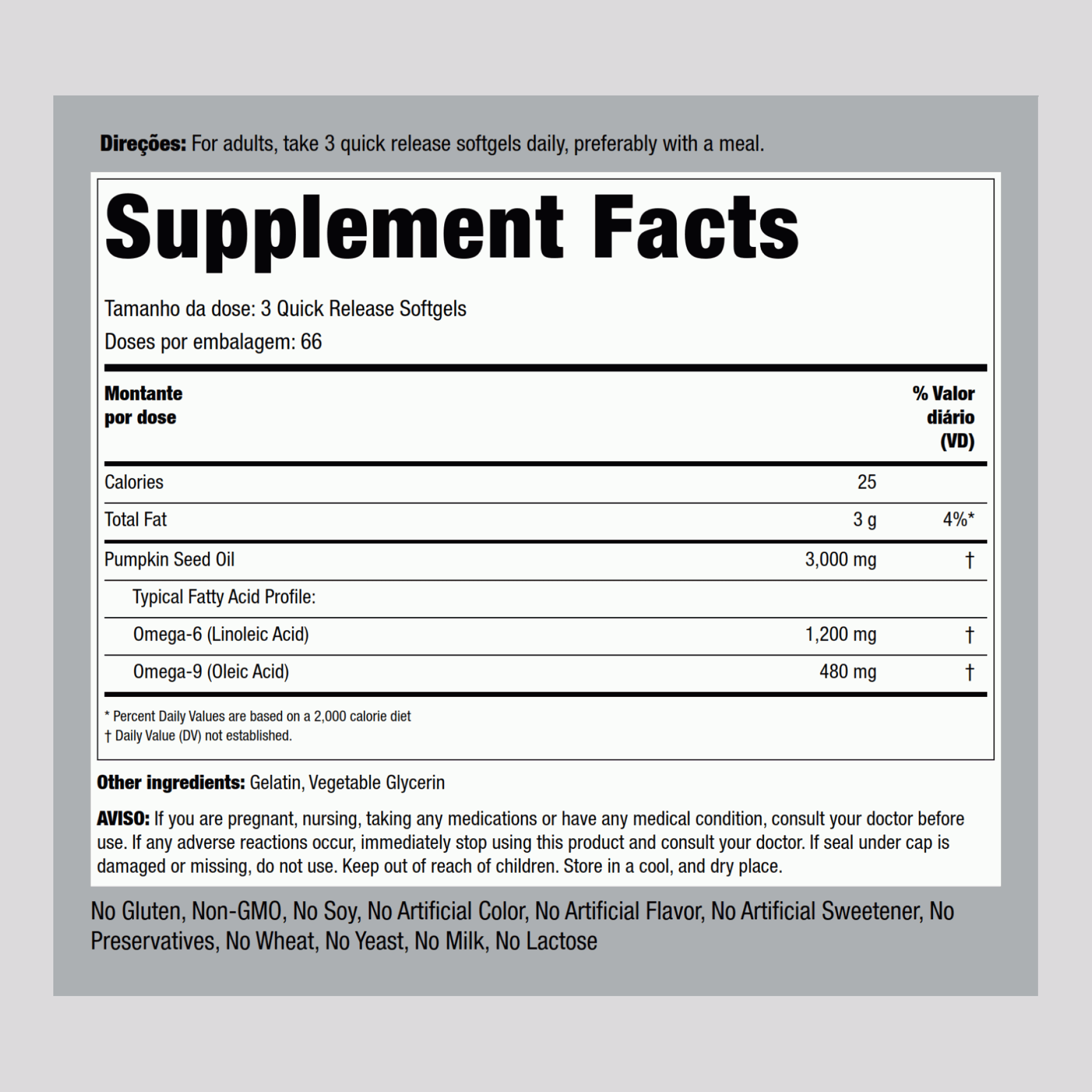 Óleo de sementes de abóbora  3000 mg (por dose) 200 Gels de Rápida Absorção     