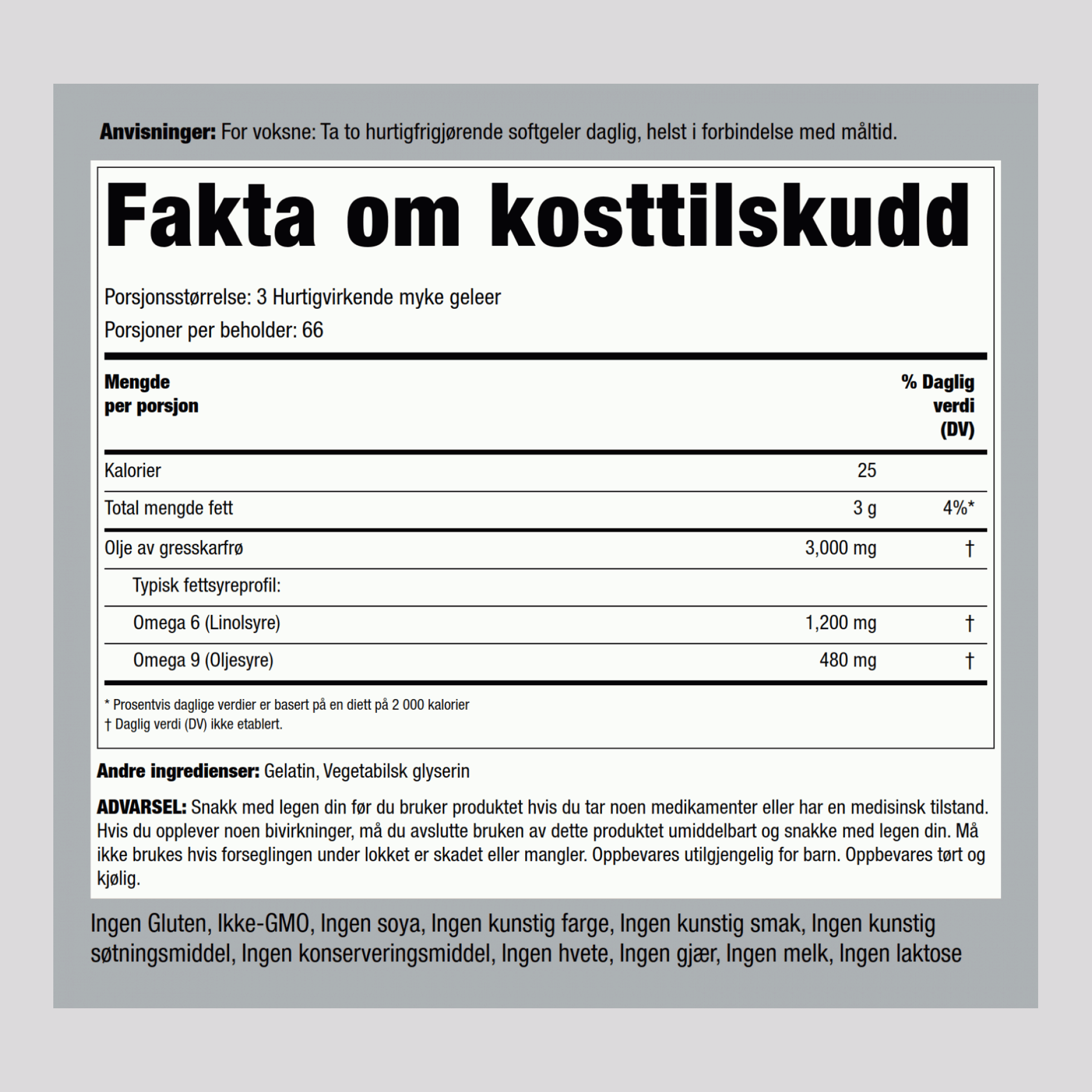 Gresskarkjerneolje  3000 mg (per dose) 200 Hurtigvirkende myke geleer     