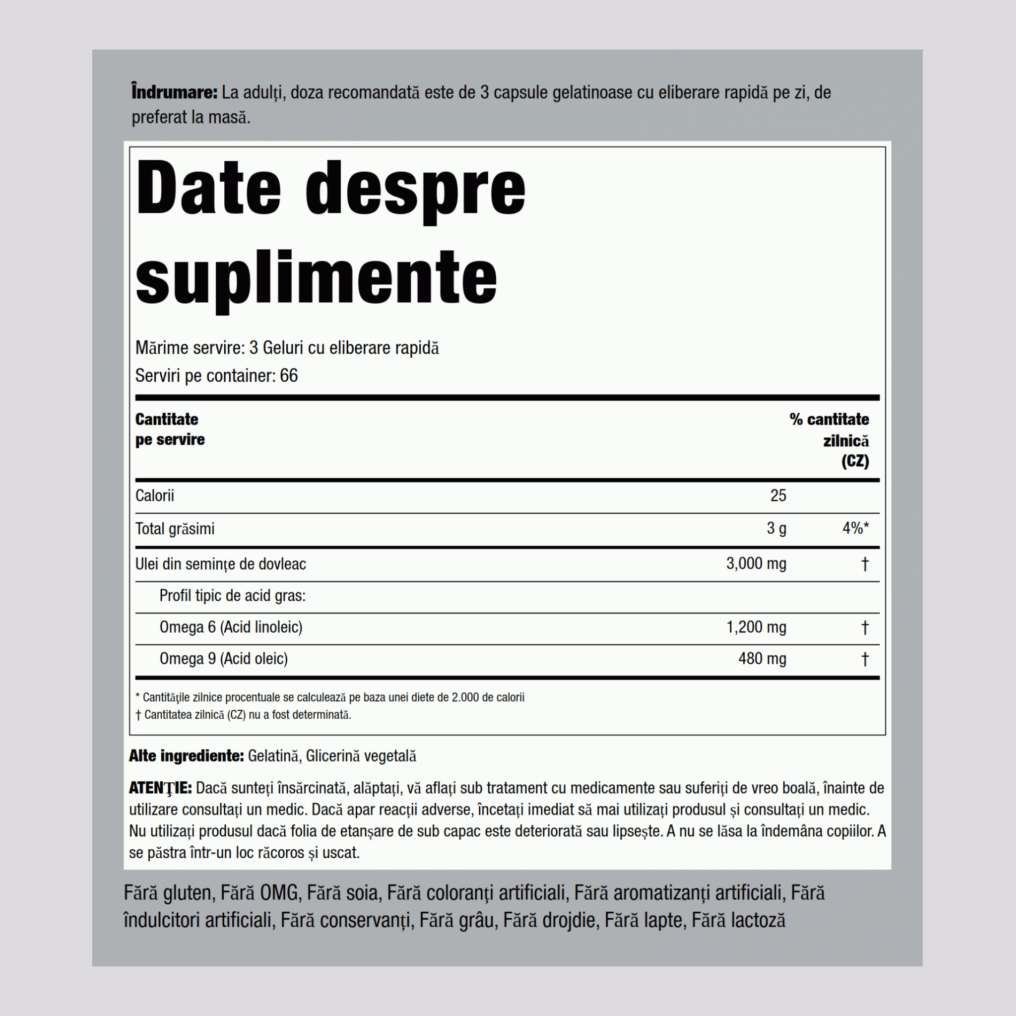 Ulei din seminţe de dovleac  3000 mg (per porție) 200 Geluri cu eliberare rapidă     