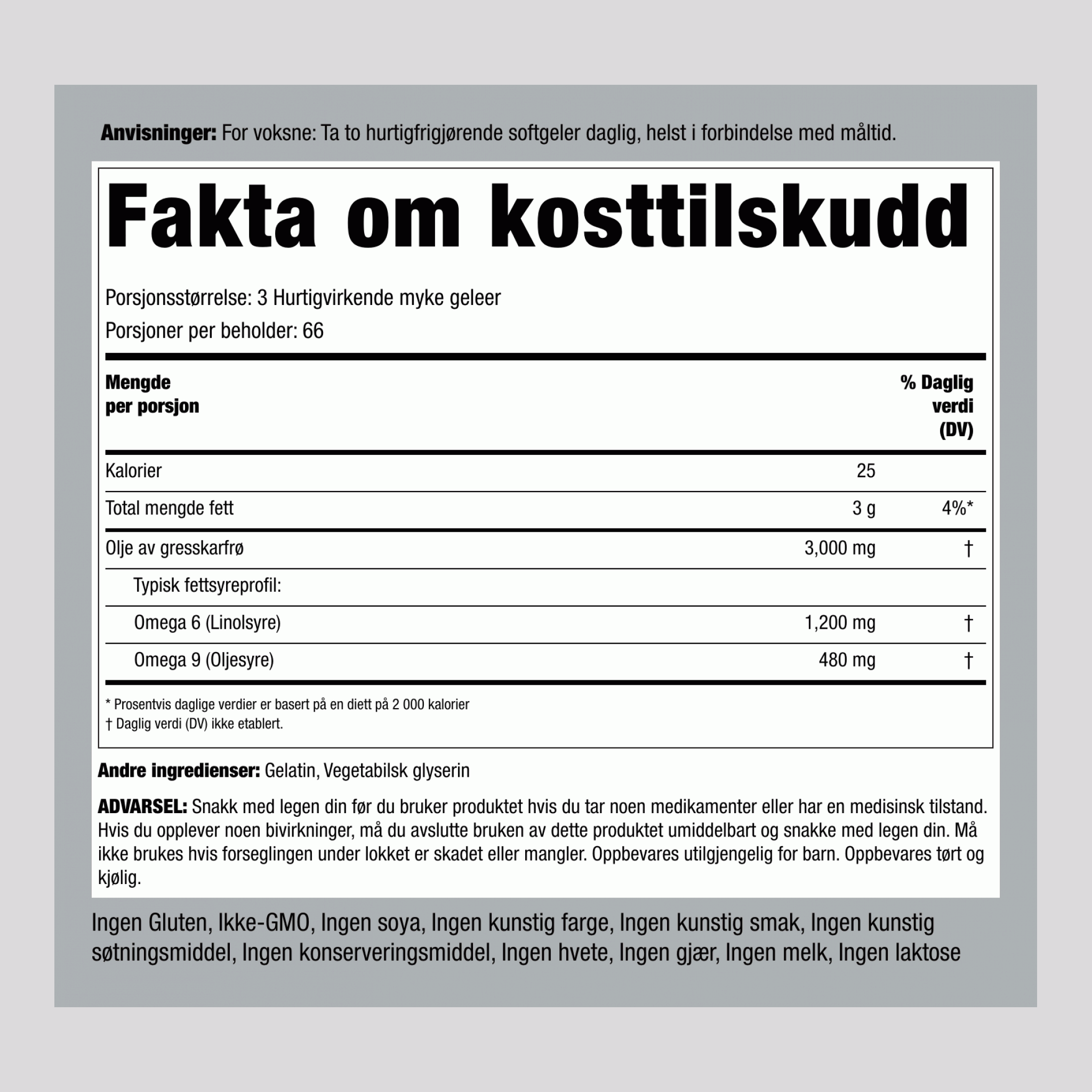 Gresskarkjerneolje  3000 mg (per dose) 200 Hurtigvirkende myke geleer 2 Flasker   