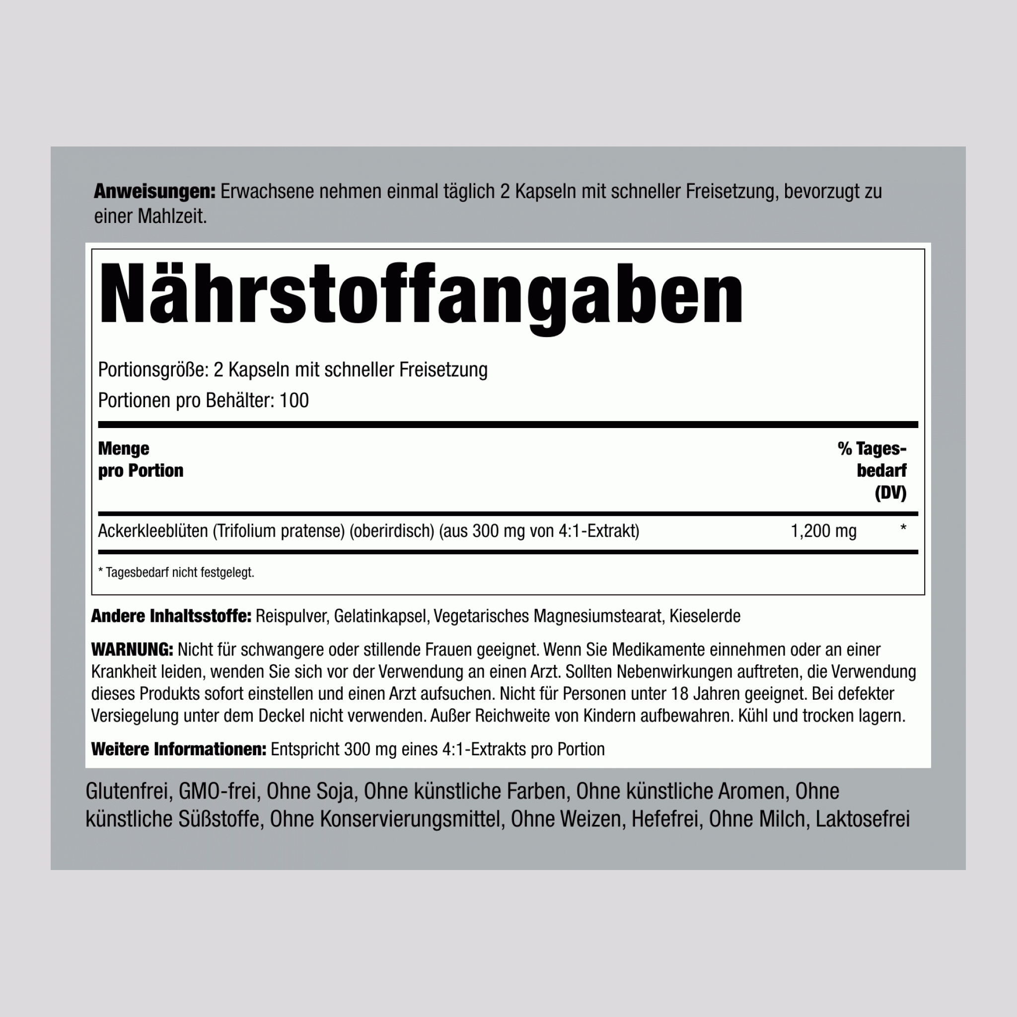 Wiesenklee 1200 mg (pro Portion) 200 Kapseln mit schneller Freisetzung 2 Flaschen   