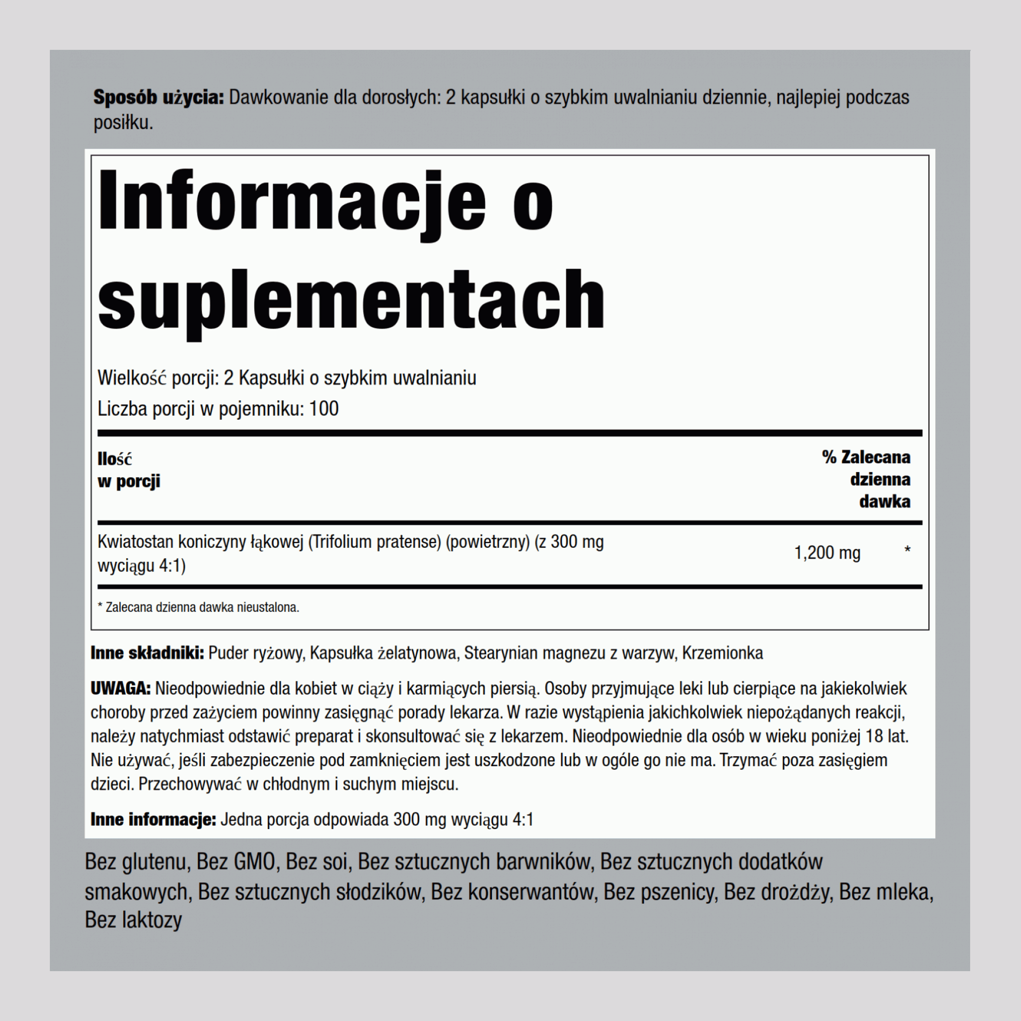 Czerwona koniczyna 1200 mg (na porcję) 200 Kapsułki o szybkim uwalnianiu 2 Butelki   