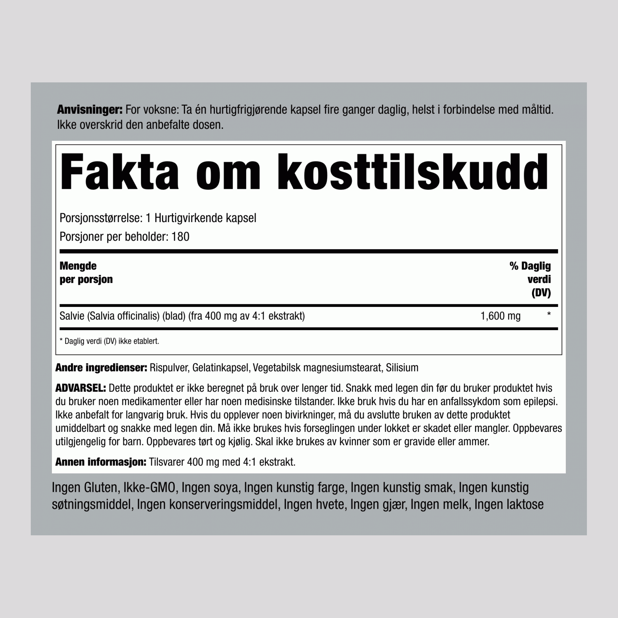 Salvie  1600 mg 180 Hurtigvirkende kapsler     