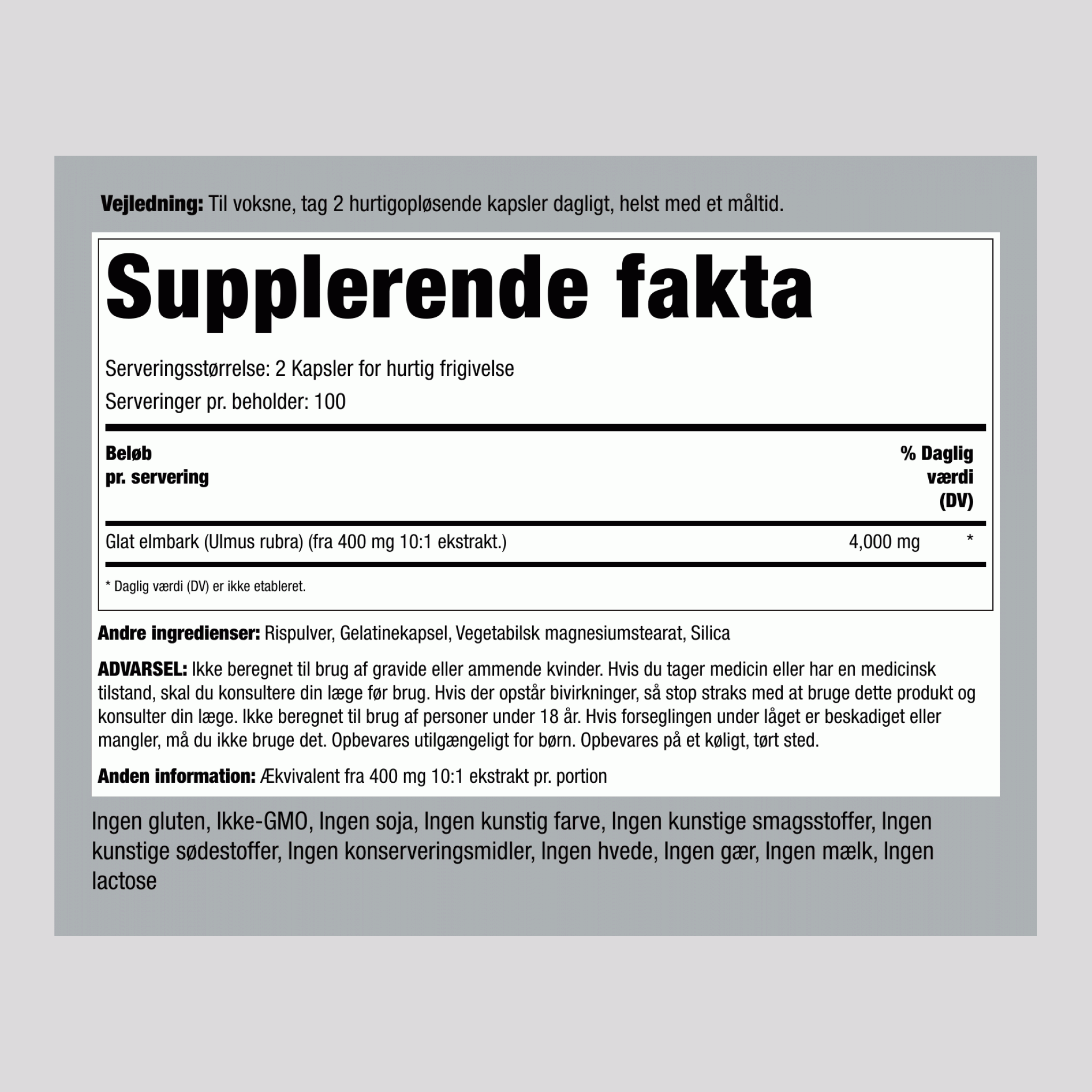 Inderbark af amerikansk elm 4000 mg (pr. dosering) 200 Kapsler for hurtig frigivelse     