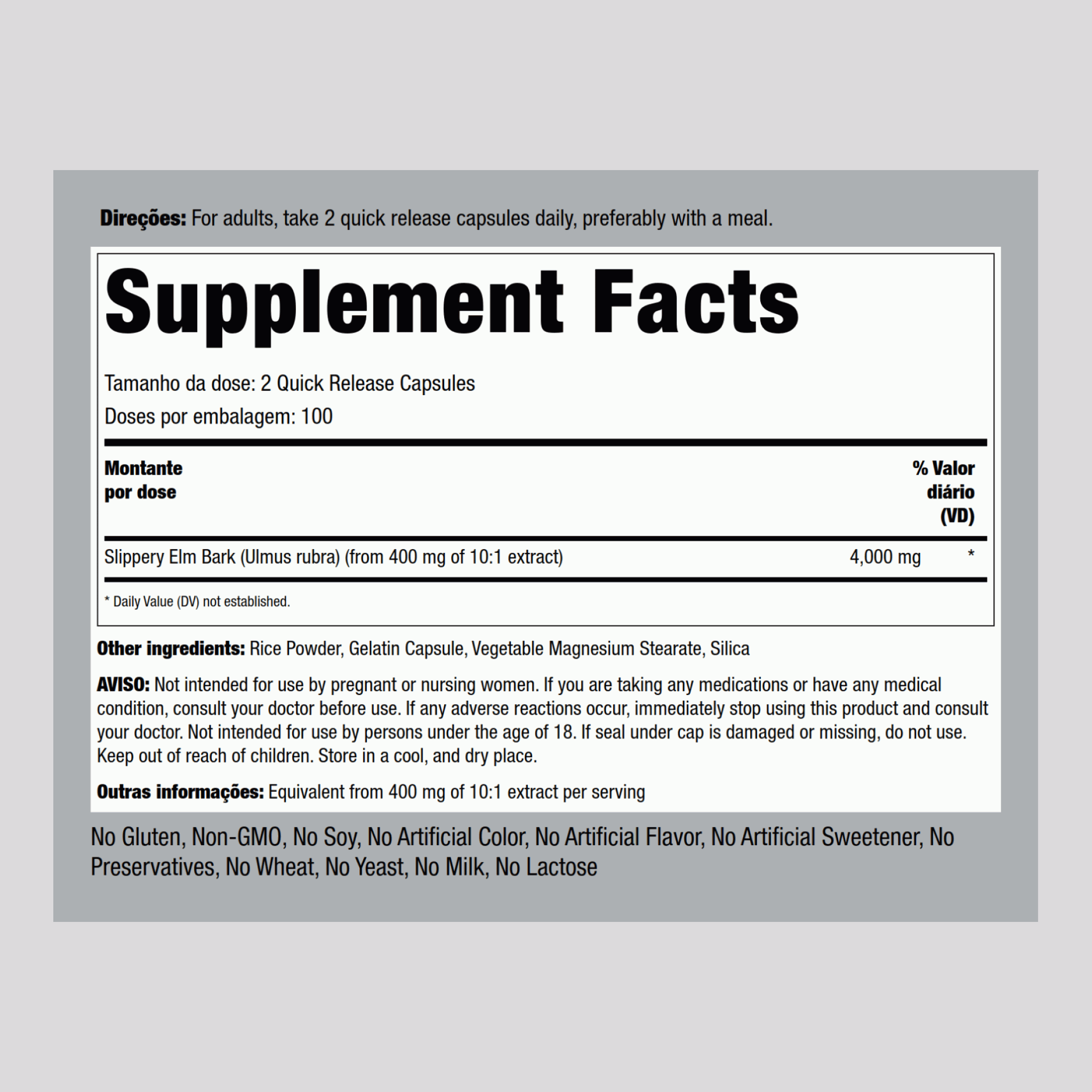 Écorce d’orme rouge,  4000 mg (par portion) 200 Gélules à libération rapide 2 Bouteilles