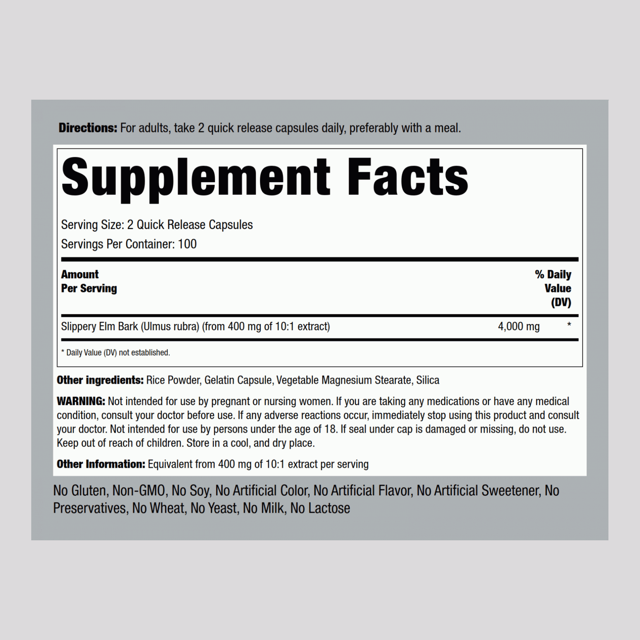 Écorce d’orme rouge,  4000 mg (par portion) 200 Gélules à libération rapide 2 Bouteilles