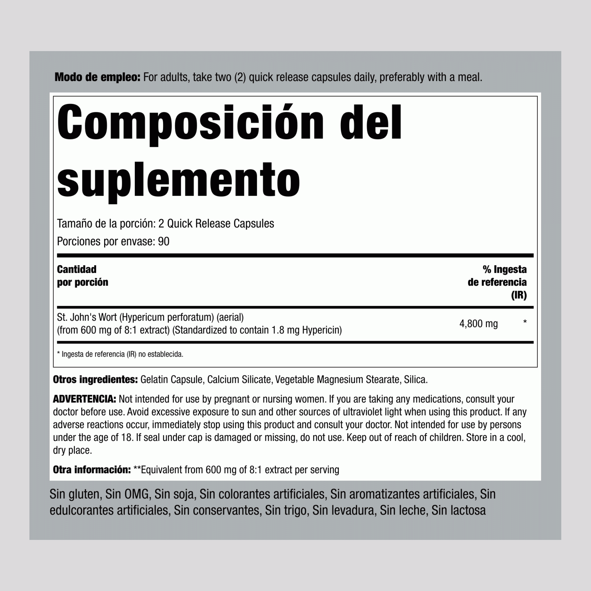 Hierba de San Juan 1.8% hipericina (Extracto Estandarizado), 4800 mg (por porción), 180 Cápsulas de Liberación Rápida