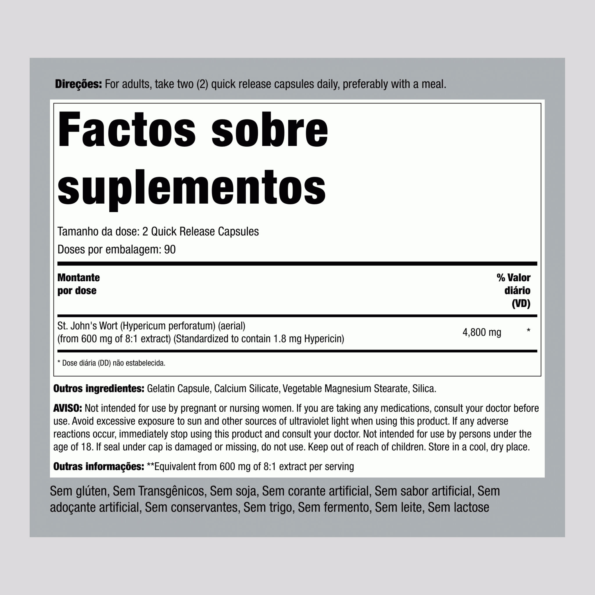 Erva de São João 1,8% hipericina (Extrato Padronizado), 4800 mg (por porção), 180 Cápsulas de Liberação Rápida