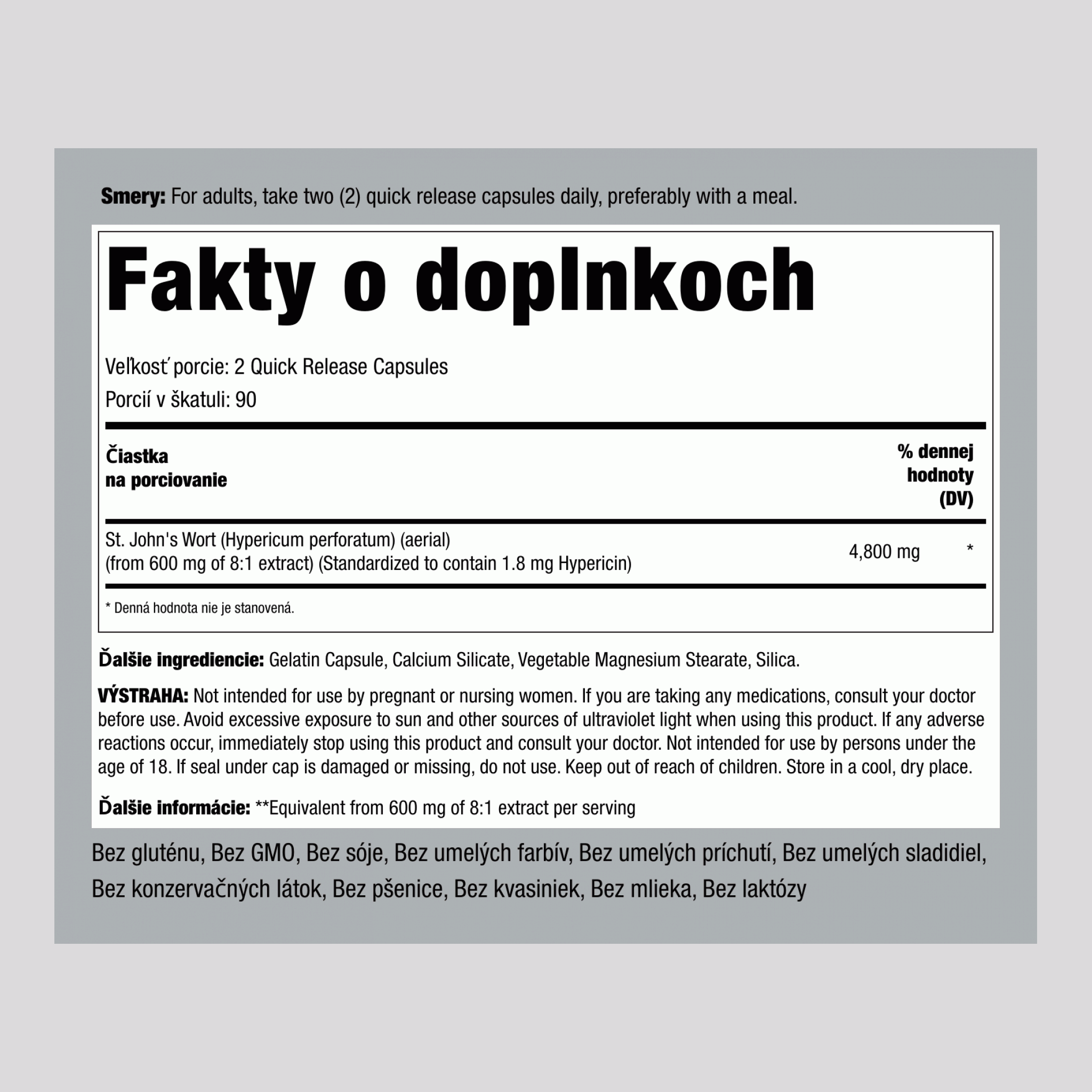 Třezalka tečkovaná 1,8% hypericin (standardizovaný extrakt), 4800 mg (na porci), 180 kapslí s rychlým uvolňováním