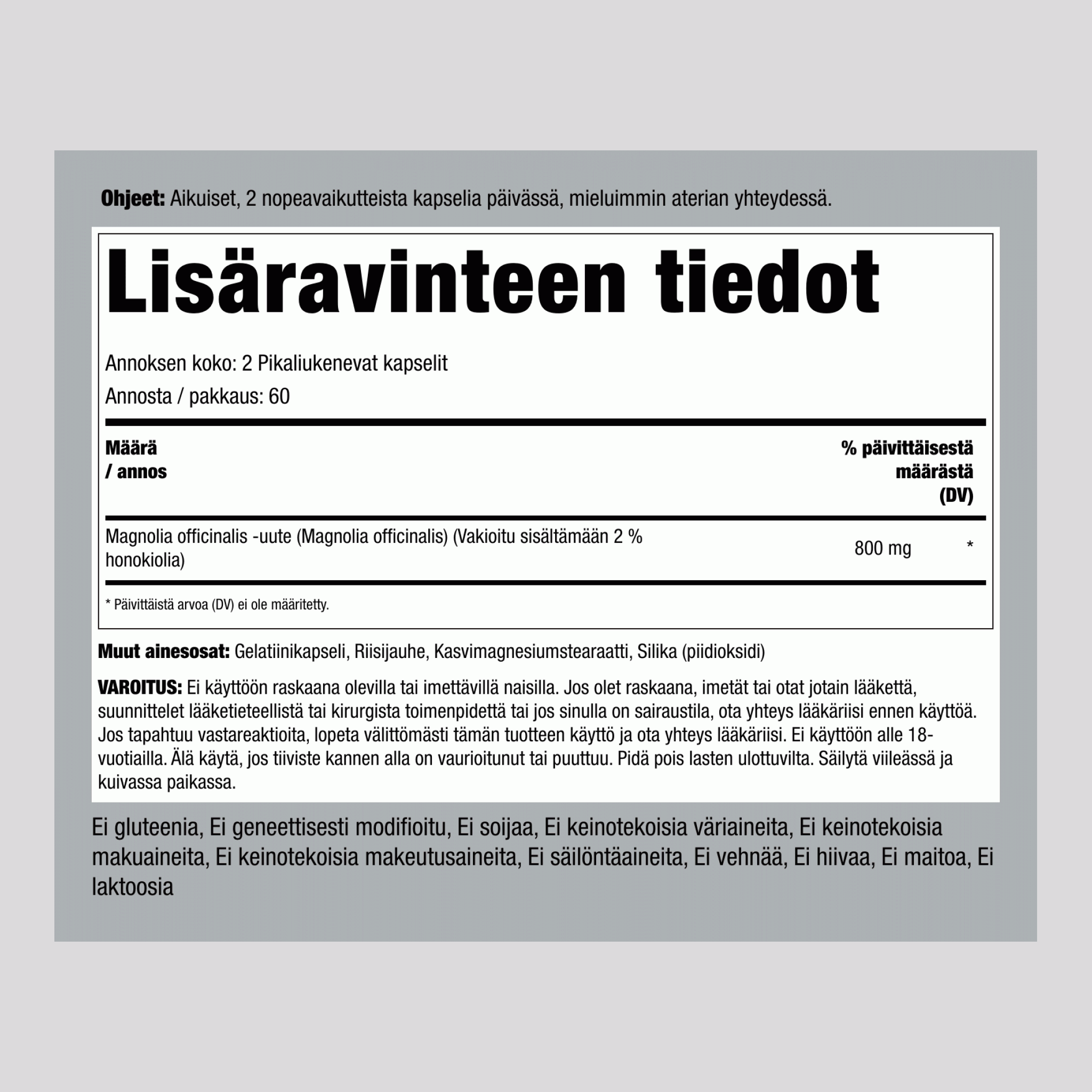 Magnolian kuori (Honokioli), 800 mg (annosta kohti), 120 nopeasti vapautuvaa kapselia