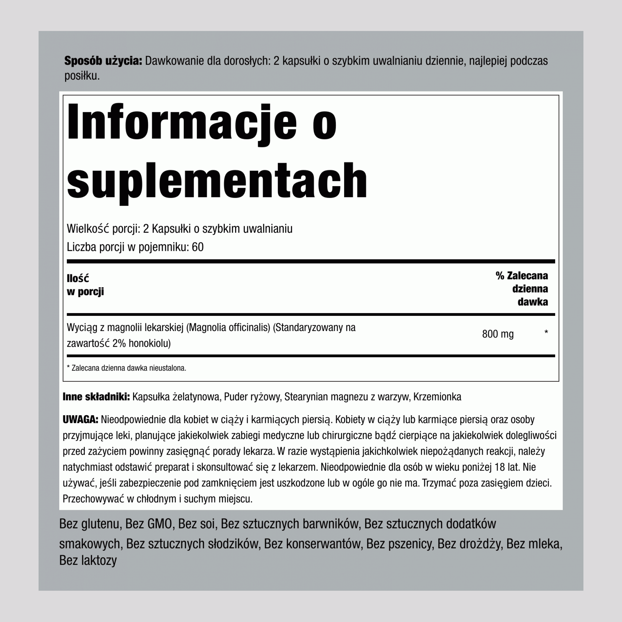 Kora magnolii (Honokiol), 800 mg (na porcję), 120 kapsułek szybkiego uwalniania