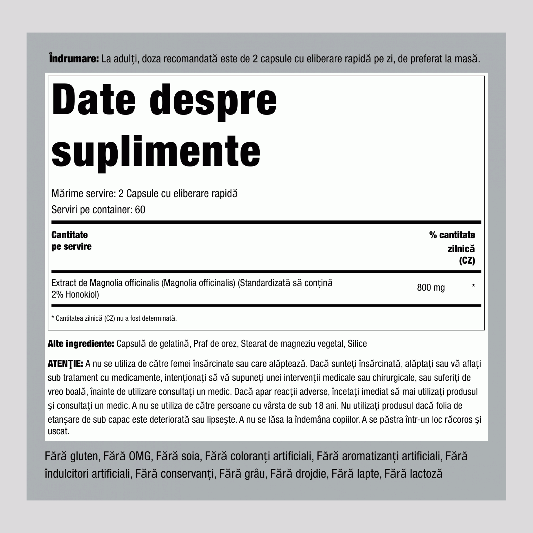 Scoarță de Magnolie (Honokiol), 800 mg (per porție), 120 Capsule cu Eliberare Rapidă