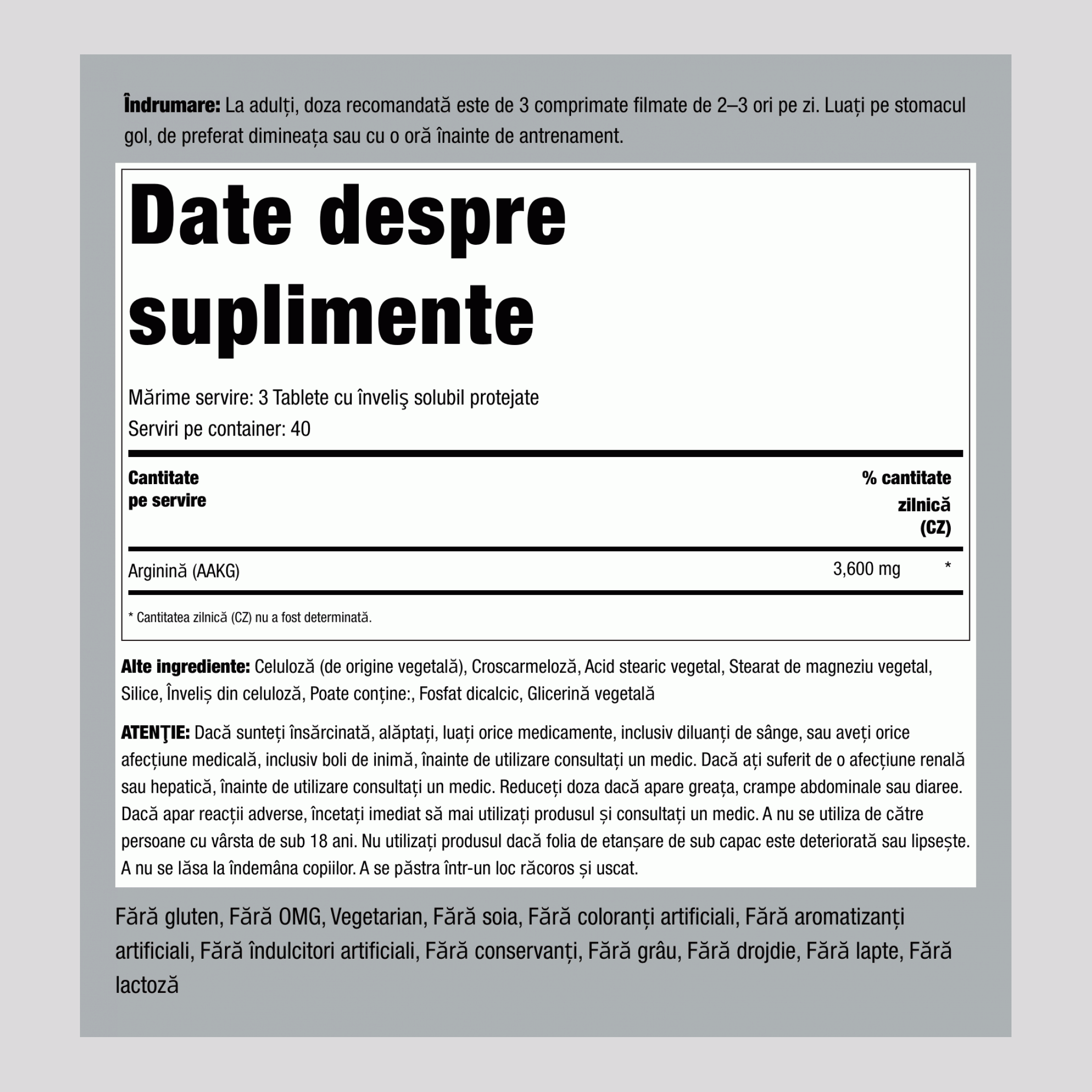 Puterea maximă AAKG Arginină Alfa-Ketoglutarat 3600 mg (per porție) 120 Tablete cu înveliş solubil protejate     