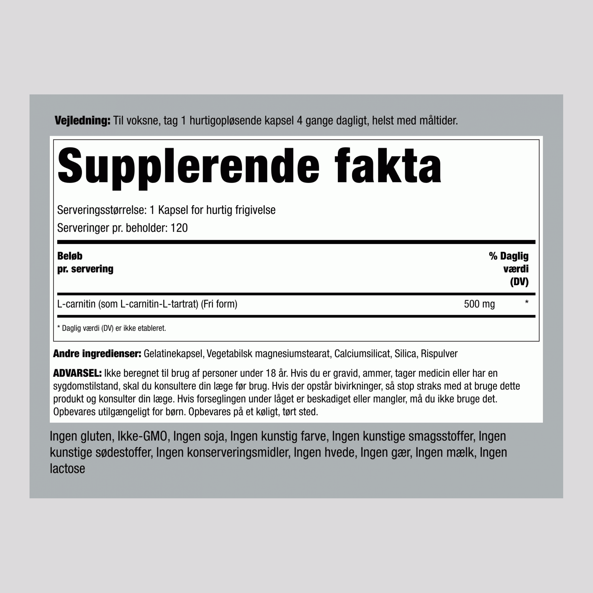 L-carnitin  500 mg 120 Kapsler for hurtig frigivelse     