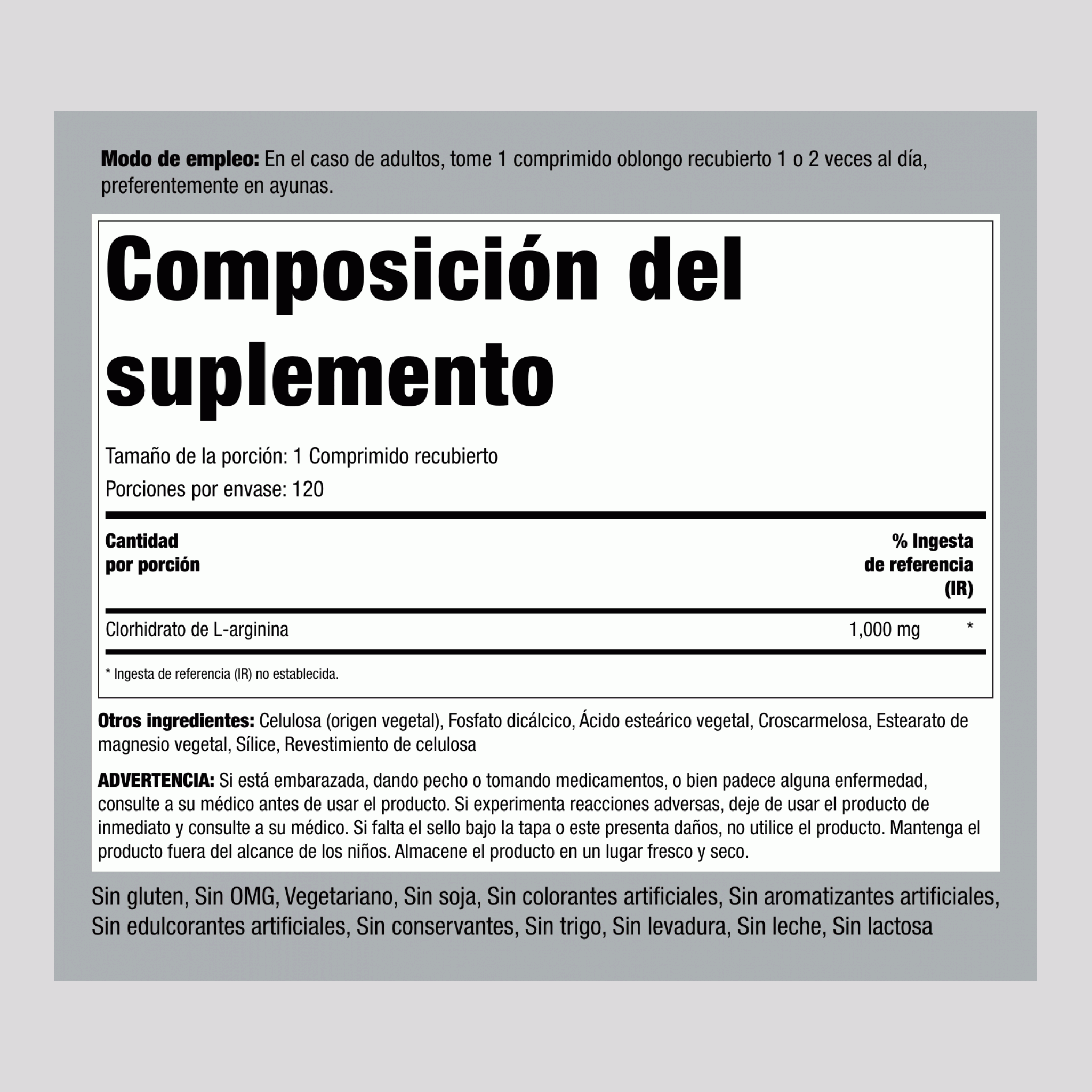 L-arginina HCL (tipo farmacéutico) - Fuerza total 1000 mg 120 Comprimidos recubiertos     