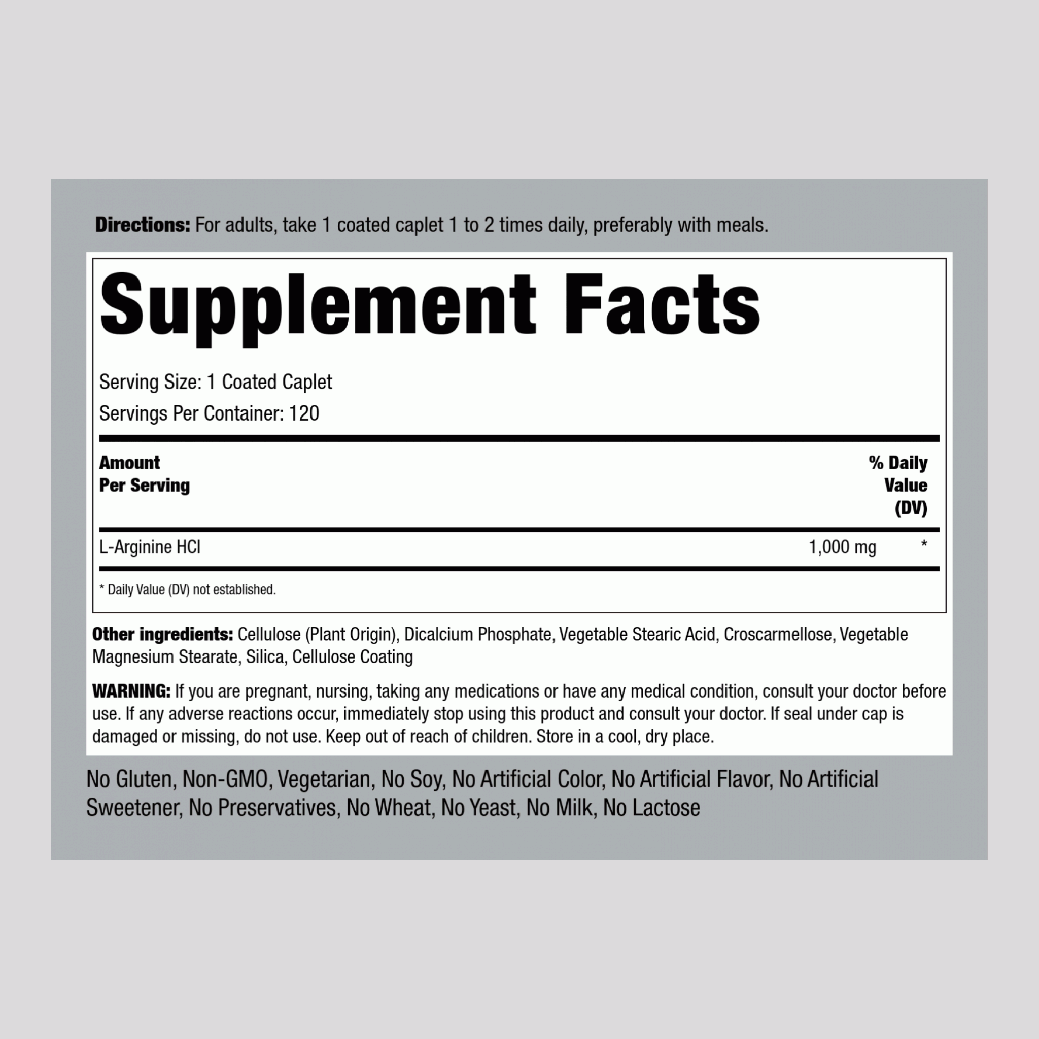 Mega Strength L-Arginine HCL, 1000 mg, 120 Coated Caplets