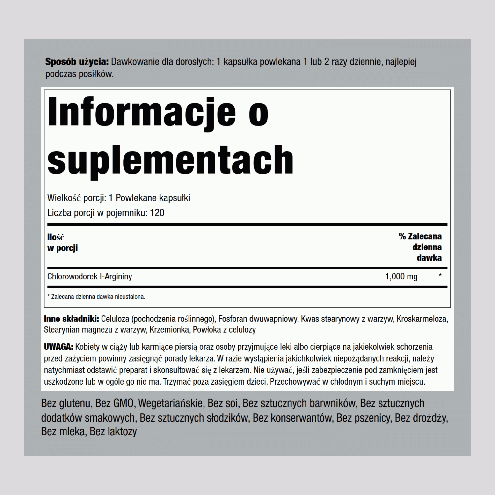 Bardzo silna L-arginina HCL (jakość farmaceutyczna) 1000 mg 120 Powlekane kapsułki     