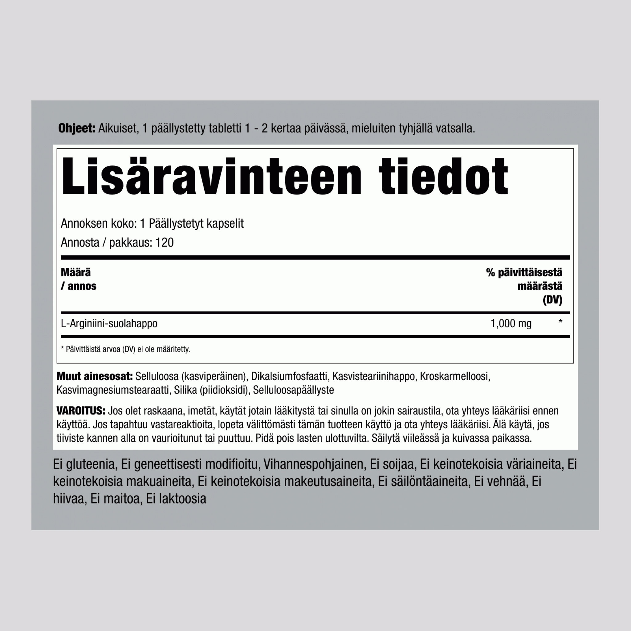 Megavahva L-arginiini HCL (farmaseuttinen standardi) 1000 mg 120 Päällystetyt kapselit 2 Pulloa   