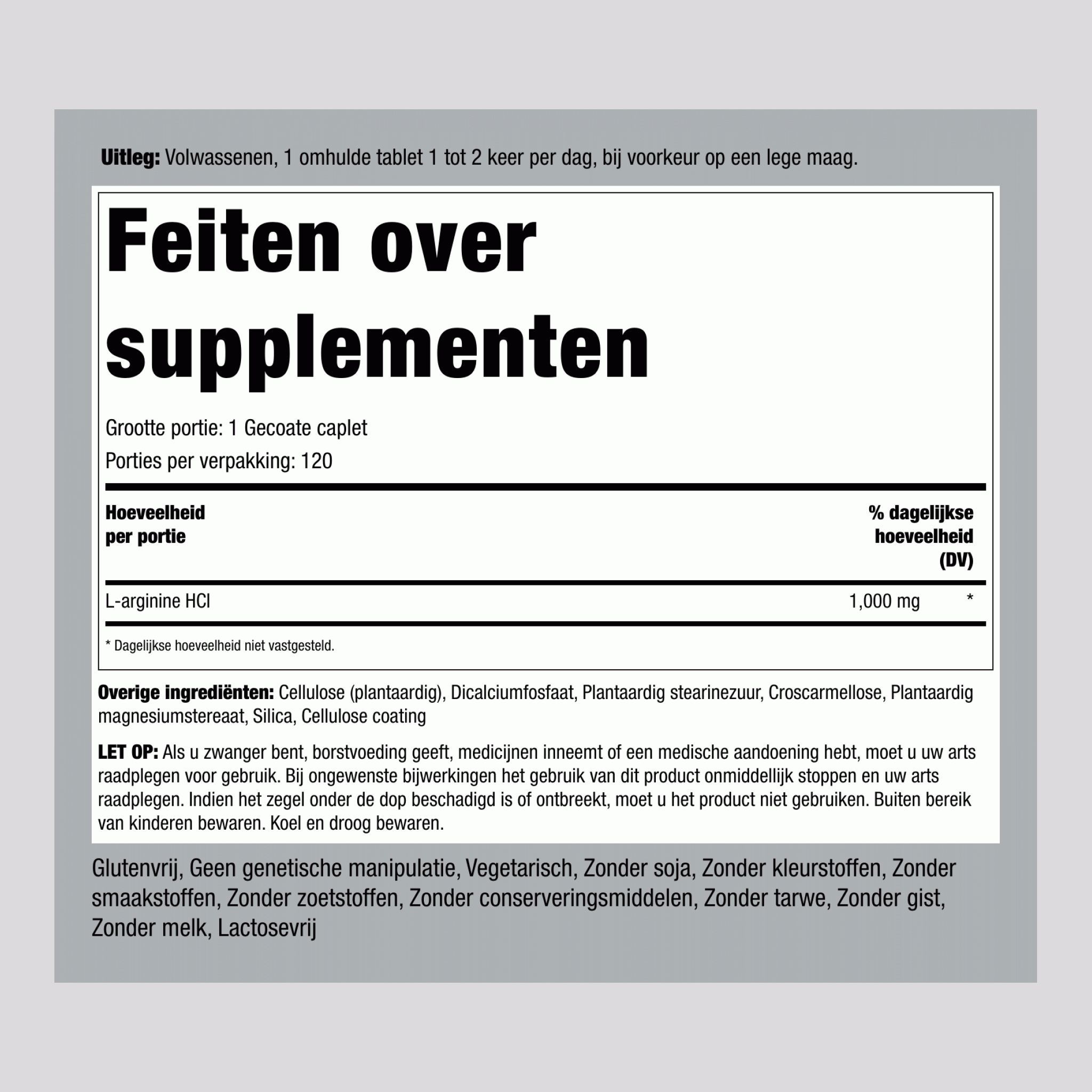 Megasterke L-Arginine HCL (farmaceutische kwaliteit) 1000 mg 120 Gecoate capletten 2 Flessen   