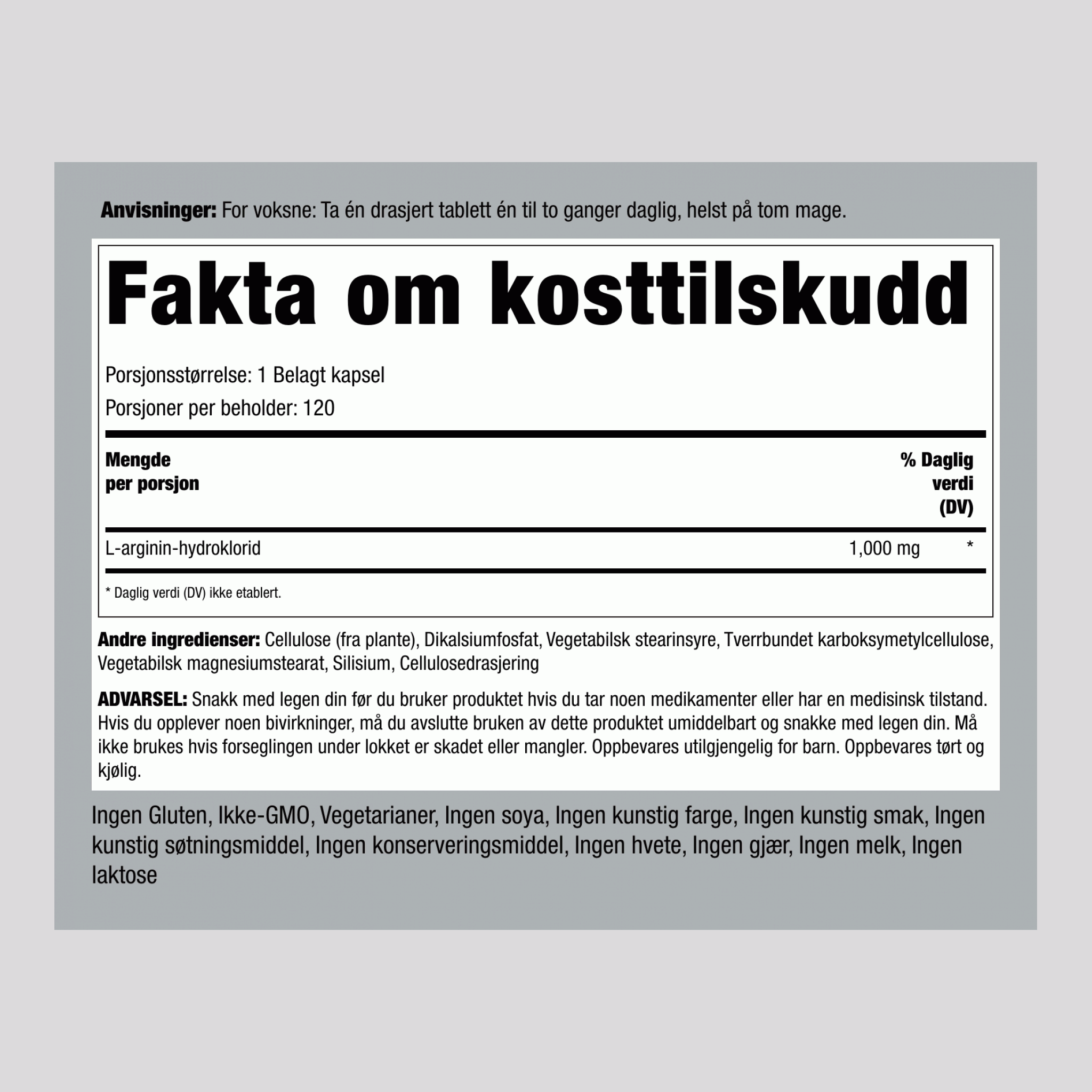 Megasterk L-arginin HCL (oppfyller farmasøytiske standarder) 1000 mg 120 Belagte kapsler 2 Flasker   