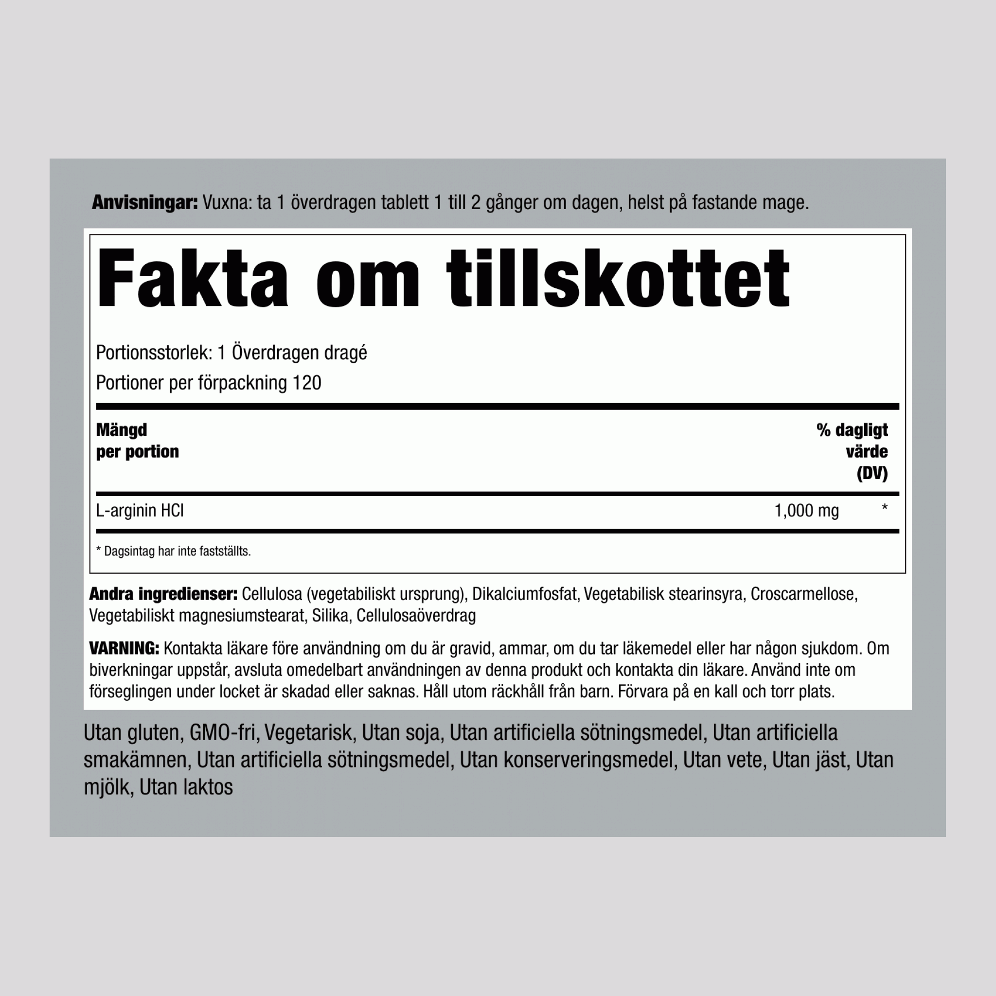 Visokokoncentriran L-arginin HCL (v skladu s farmakopejo)  1000 mg 120 Obložene tablete v obliki kapsule 2 Steklenice   