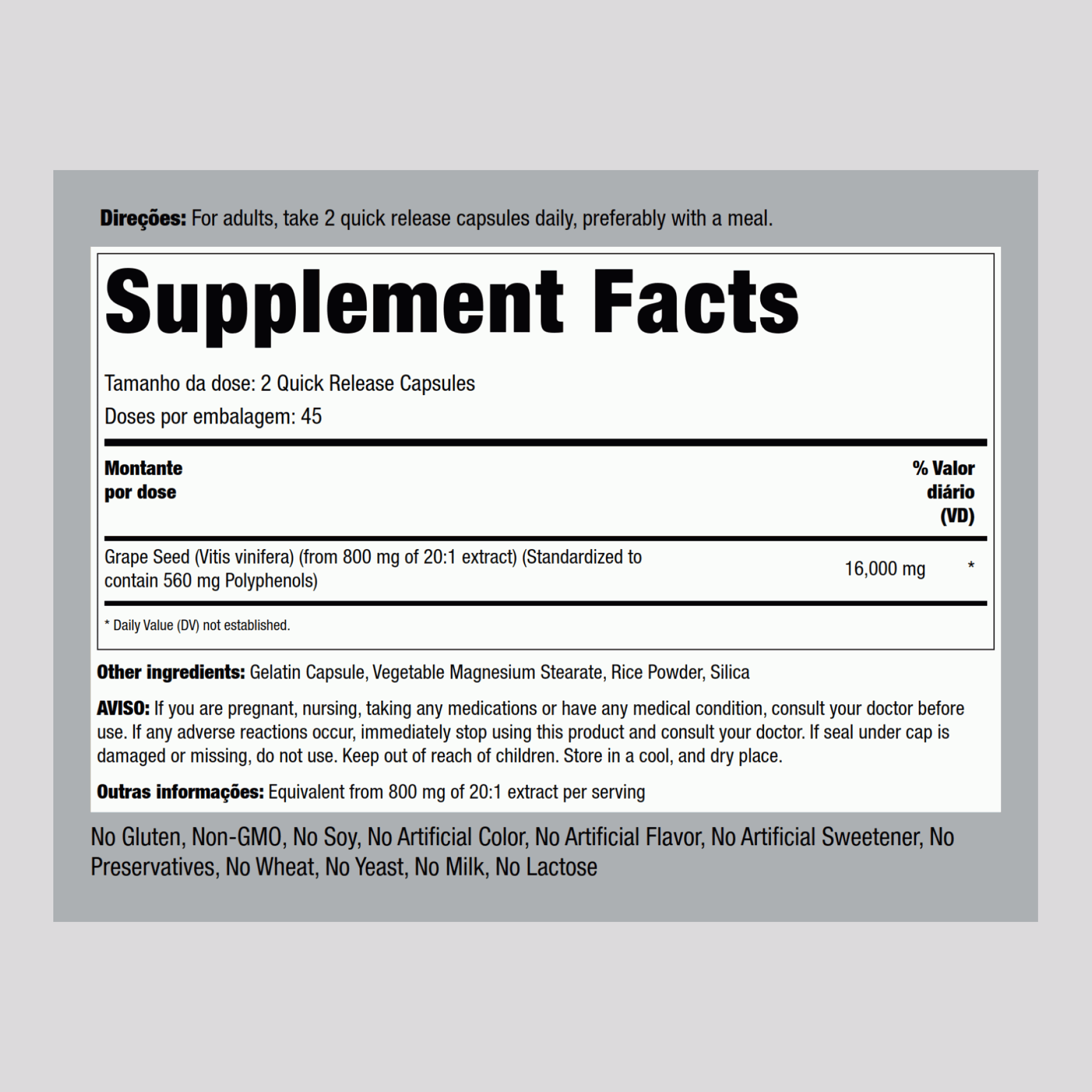 Extrato de grainha de uva  16,000 mg (por dose) 90 Cápsulas de Rápida Absorção     