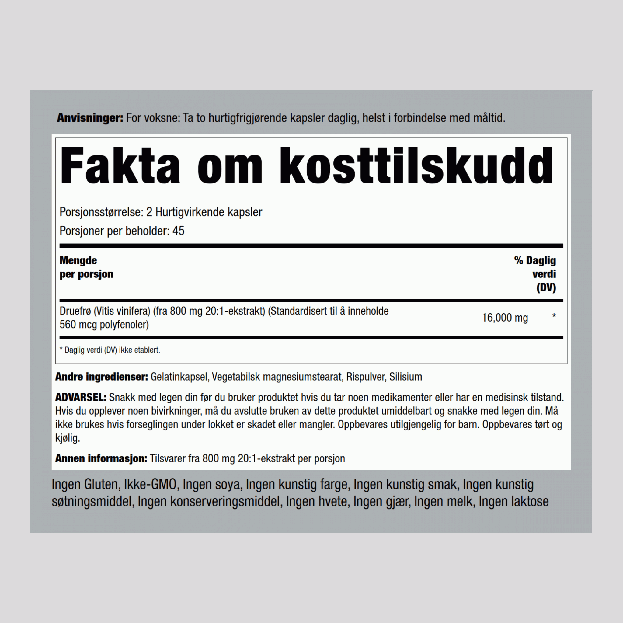 Druekjerneekstrakt  16,000 mg (per dose) 90 Hurtigvirkende kapsler     