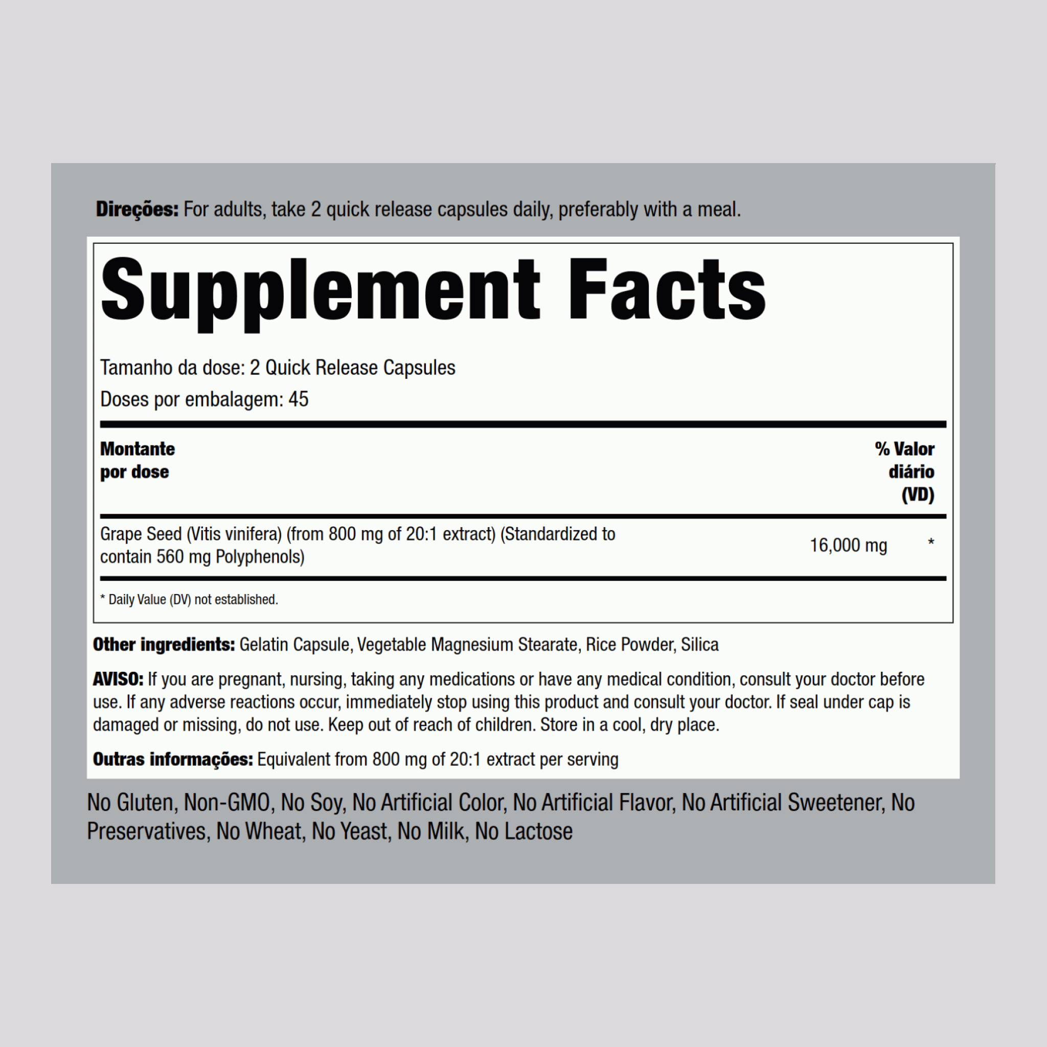 Extrato de grainha de uva  16,000 mg (por dose) 90 Cápsulas de Rápida Absorção     