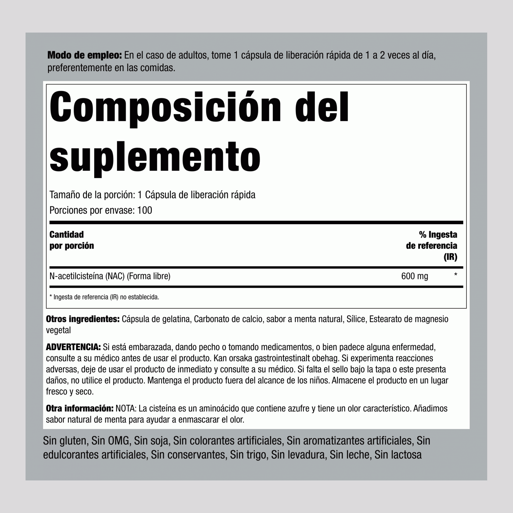 N-acetil cisteína (NAC) 600 mg 100 Cápsulas de liberación rápida     