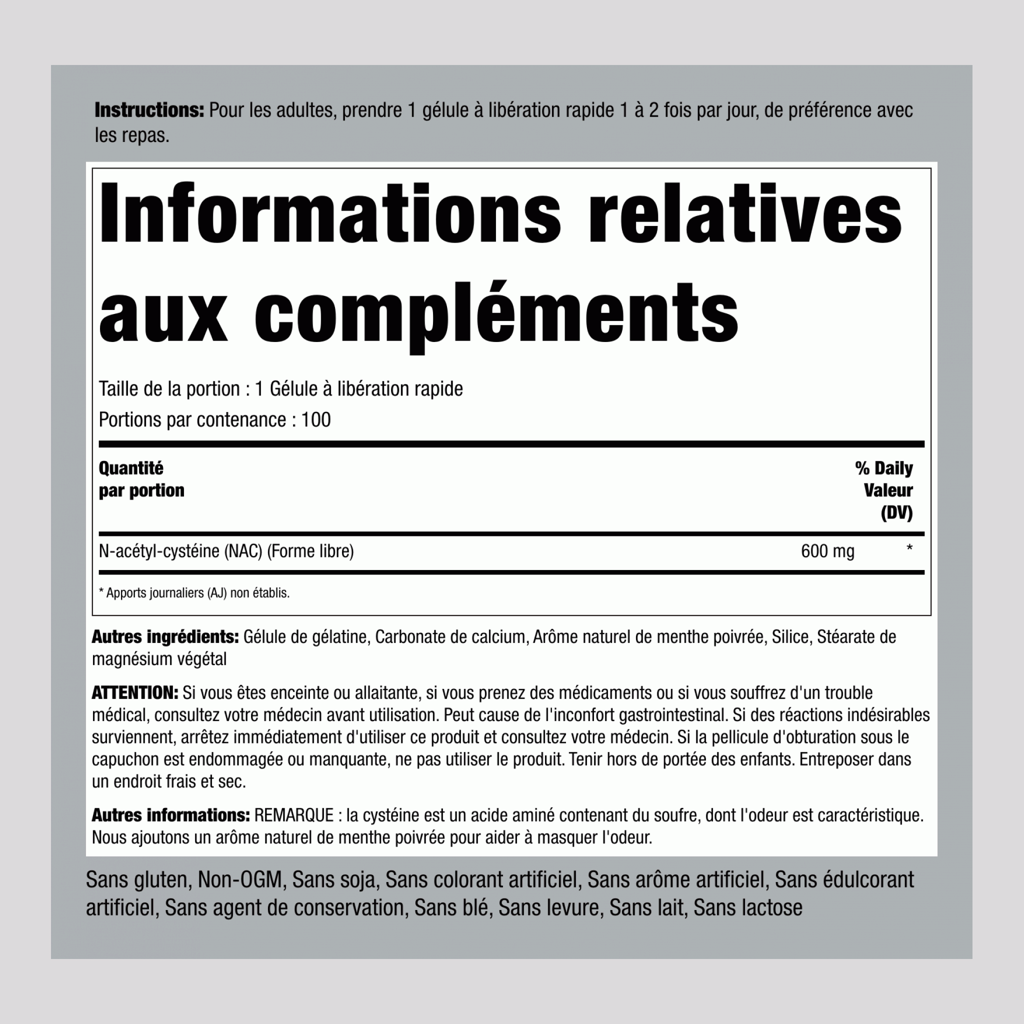 N-Acétyle Cystéine (NAC) 600 mg 100 Gélules à libération rapide     