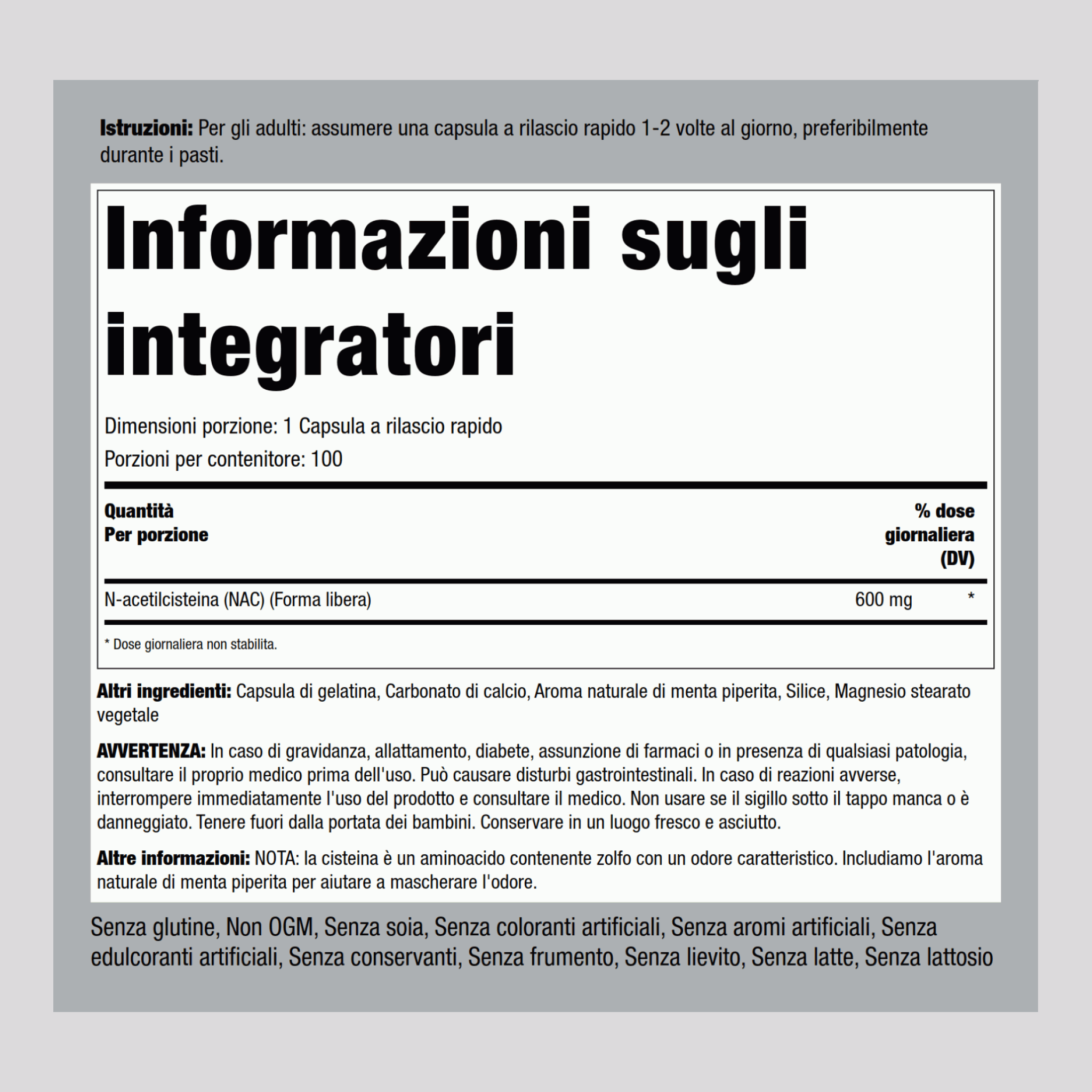 N-acetilcisteina (NAC) 600 mg 100 Capsule a rilascio rapido     