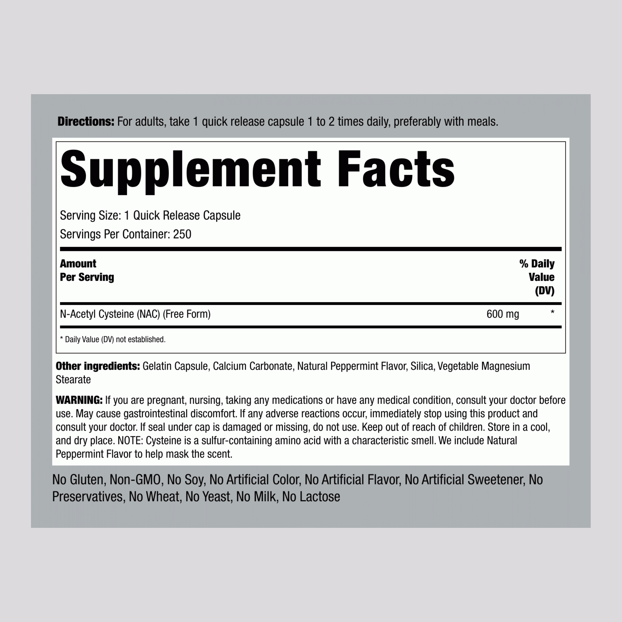 N-Acetyl Cysteine (NAC), 600 mg, 250 Quick Release Capsules