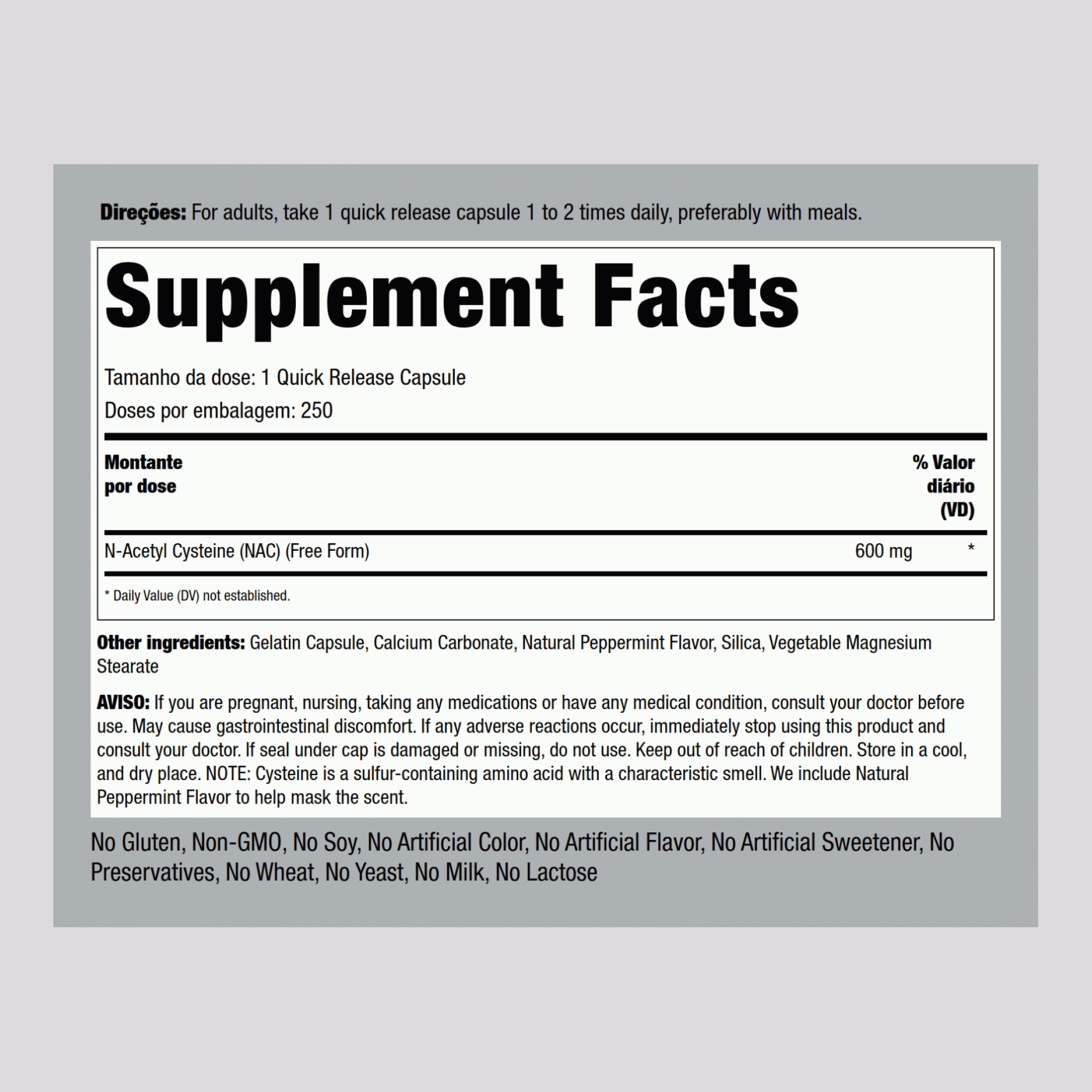 N-acetilcisteína (NAC) 600 mg 250 Cápsulas de Rápida Absorção     