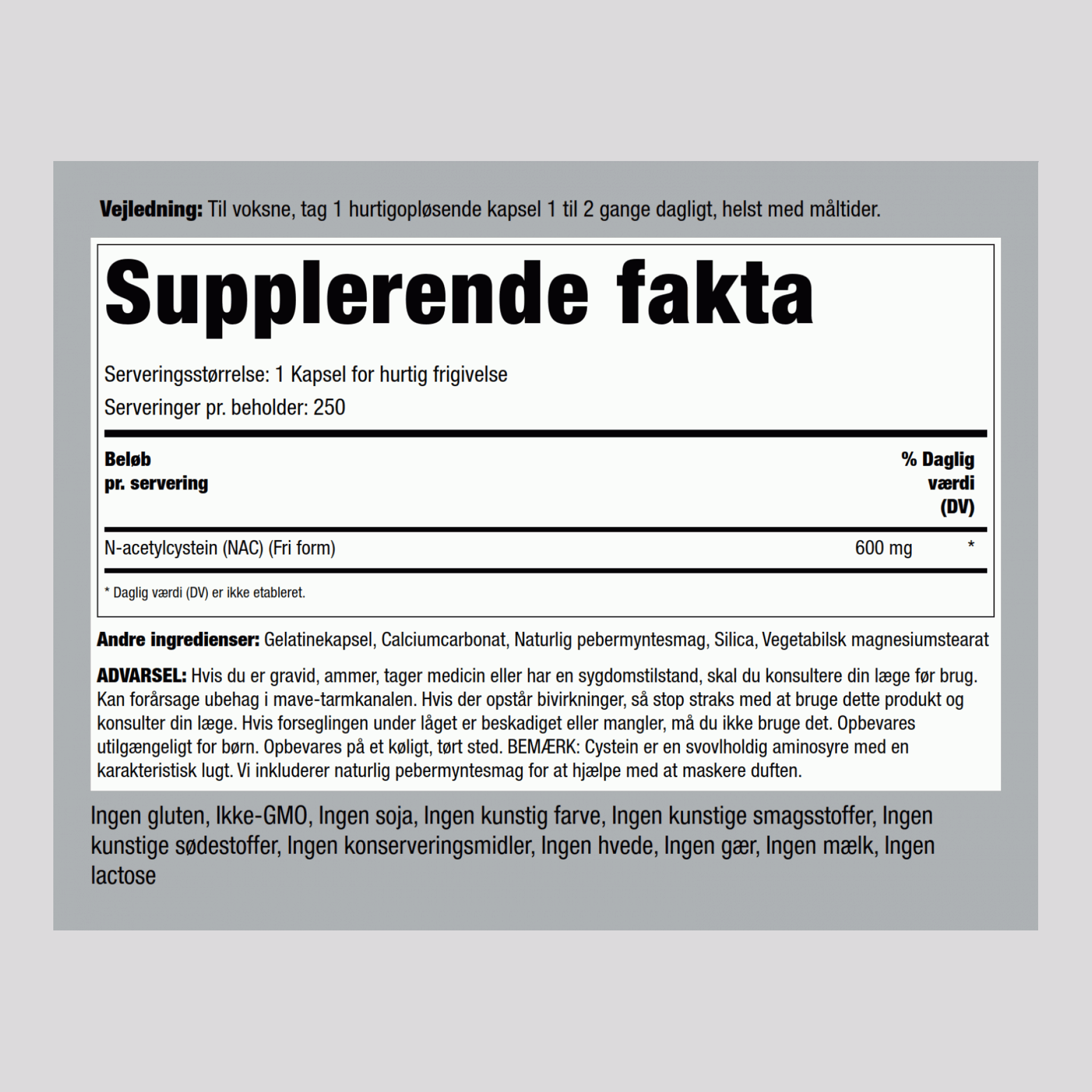 N-acetyl cystein (NAC) 600 mg 250 Kapsler for hurtig frigivelse     